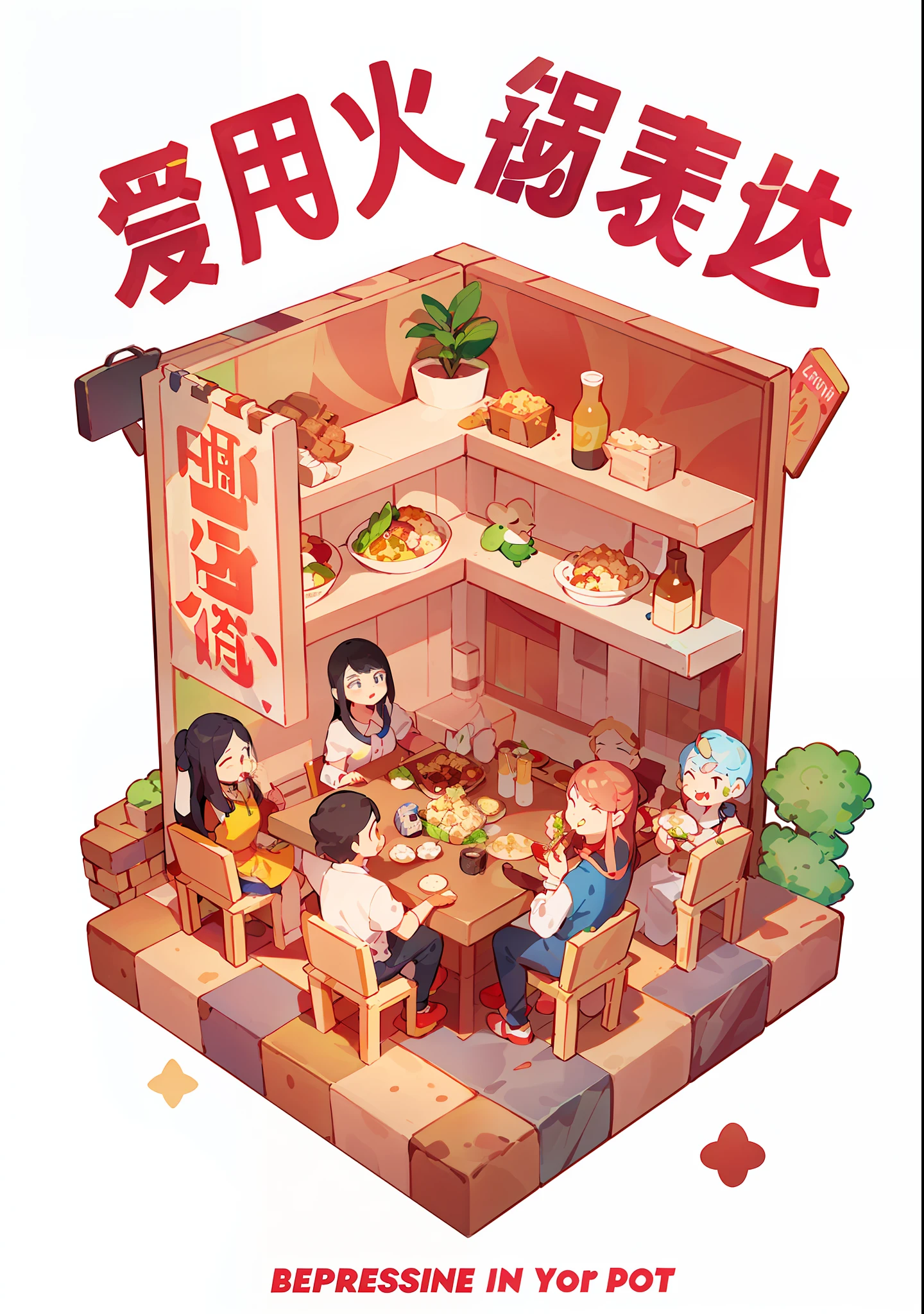There is a cartoon,Family eating in the restaurant, mapo tofu cartoon, Poster illustration, Game illustration, people inside eating meals, Detailed 2D illustration, Family dinner, card game illustration, a multidimensional cozy tavern, 2. 5 d illus, restaurant!!, illustrated poster, 🪔 🎨;🌞🌄, restaurant!, like jiufen