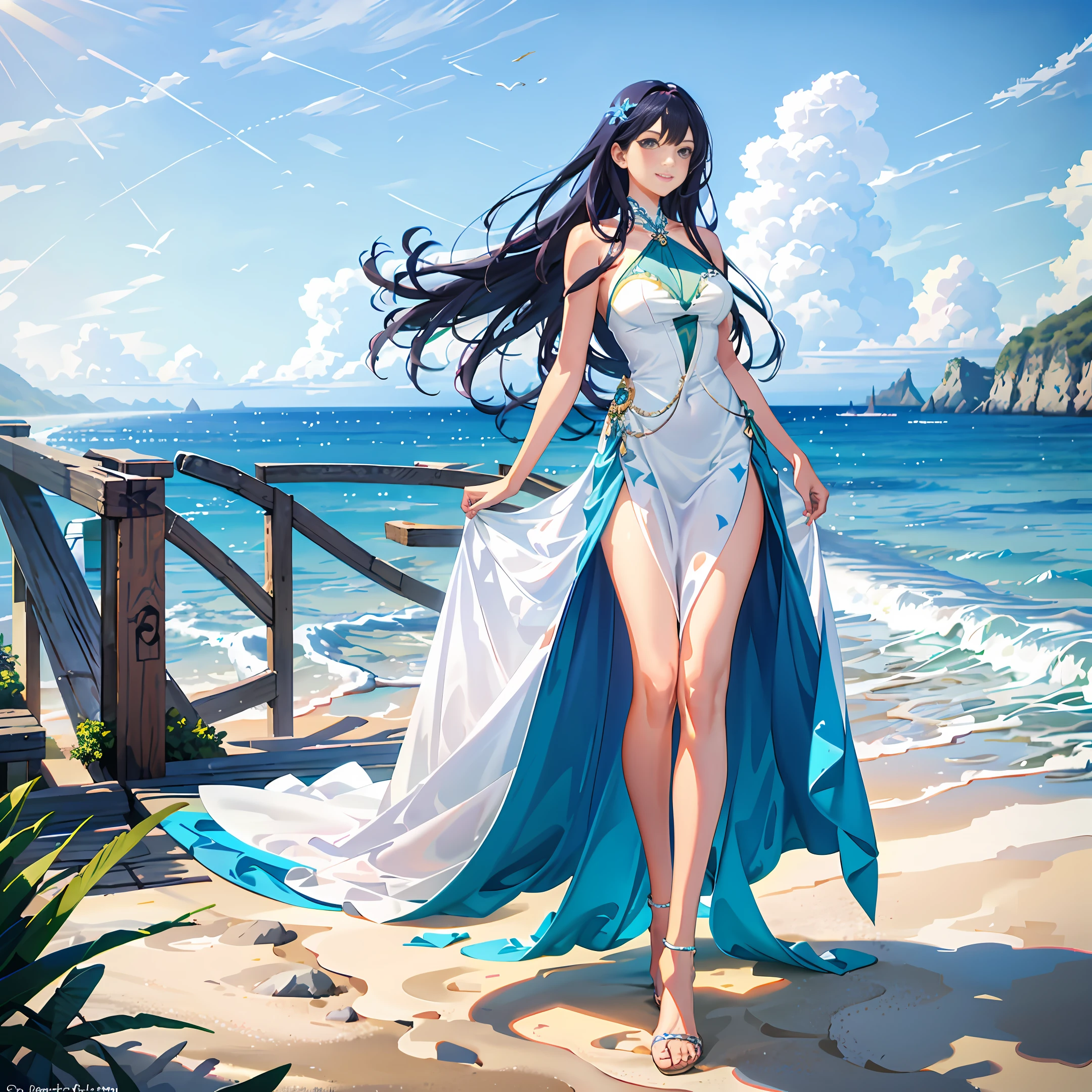 ((masterpiece)),((best quality)), 8k, high detailed, ultra-detailed,
A girl dressed as a dragon maid standing on a sandy beach with clear blue waves gently crashing against the shore. Her emerald green scales shimmer in the sunlight, reflecting the vibrant colors of the surrounding tropical paradise. She is holding a beach umbrella with her clawed hands, providing shade from the warm summer rays. The sound of seagulls overhead mingles with the laughter of children playing in the distance. Palm trees sway in the gentle breeze, casting long shadows on the golden sand. The aroma of coconut sunscreen fills the air, adding to the sensory experience of the scene. The dragon maid's playful smile and mischievous eyes capture the carefree spirit of a perfect summer day at the beach.

A girl dressed as a dragon maid, sandy beach, clear blue waves, emerald green scales, tropical paradise, beach umbrella, clawed hands, warm summer rays, seagulls, children playing, palm trees, golden sand, coconut sunscreen, playful smile, mischievous eyes, perfect summer day.