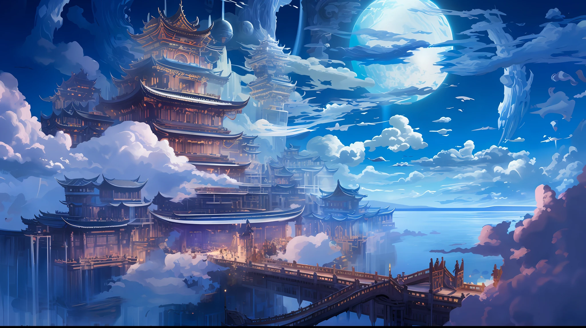 Anime scenery of a castle in the sky with bridges, cyberpunk chinese ancient castle, Chinese fantasy, Cloud Palace, Anime fantasy artwork, anime landscape wallpapers, Anime art wallpaper 4k, Anime art wallpaper 4 K, Anime art wallpaper 8 K, 4k manga wallpapers, beautiful detailed fantasy, floating city on clouds, 4k highly detailed digital art, flying cloud castle