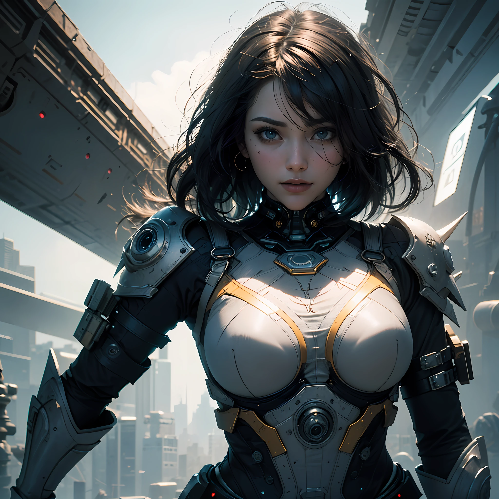 ((best qualtiy)), ((tmasterpiece)), (the detail:1.4), 3D, A beautiful cyberpunk female image,HDR（HighDynamicRange）,Ray traching,NVIDIA RTX,Super-Resolution,Unreal 5,Subsurface scattering、PBR Texture、post-proces、Anisotropy Filtering、depth of fields、maximum definition and sharpness、Many-Layer Textures、Albedo e mapas Speculares、Surface Coloring、Accurate simulation of light-material interactions、perfectly proportions、Octane Render、Two-colored light、largeaperture、Low ISO、White balance、the rule of thirds、8K RAW、ssmile，Beautuful Women，the golden ratio --auto