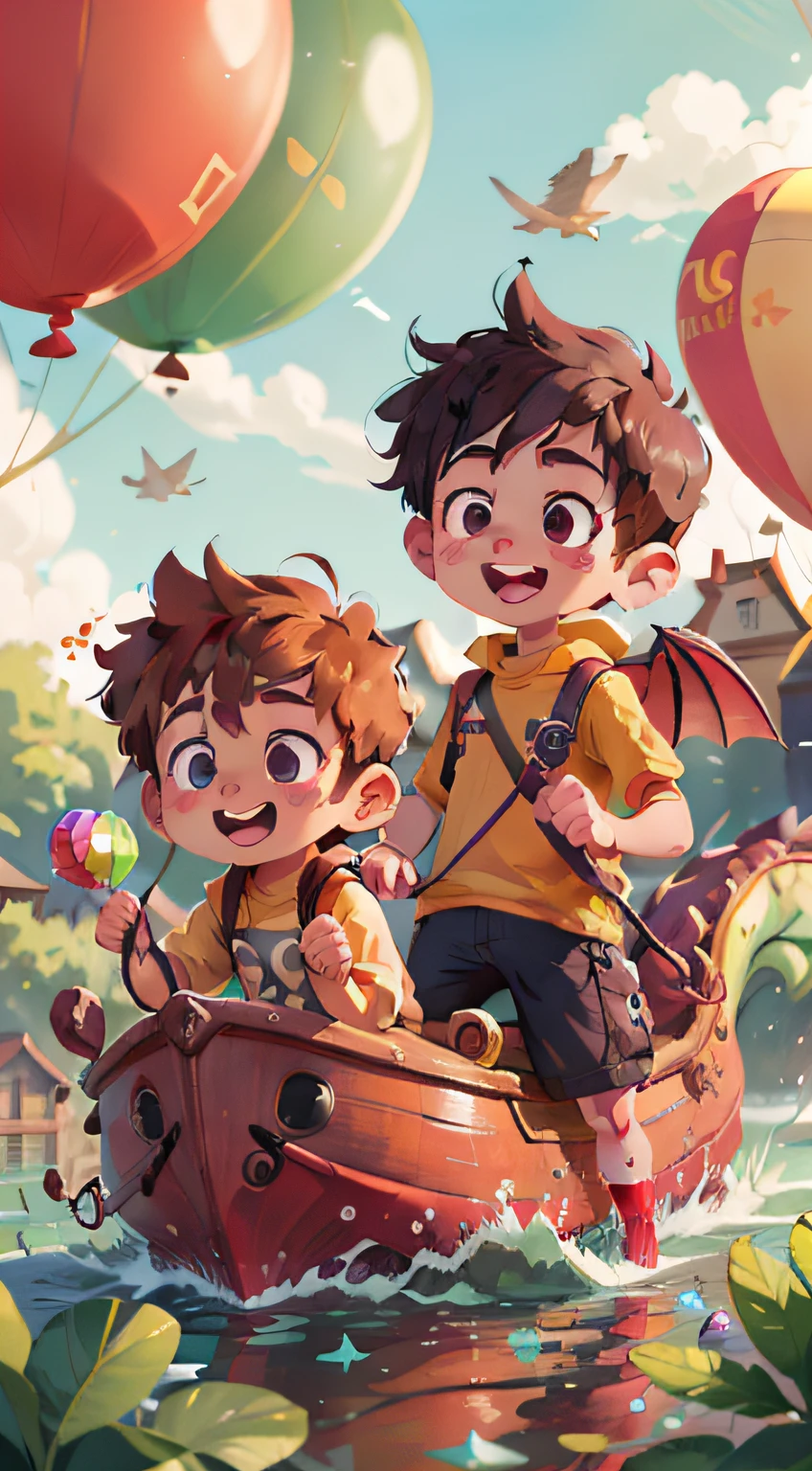 UHD,(High definition resolution:1.2),Skin luster,(Best quality:1.1),(masterpiece),(best quality),smile,(beautiful detailed face),(beautiful detailed eyes),8K,Around the flying colorful balloons,((Two boys are playing)),Peripheral small animals,outside,lovable,dragon boat,