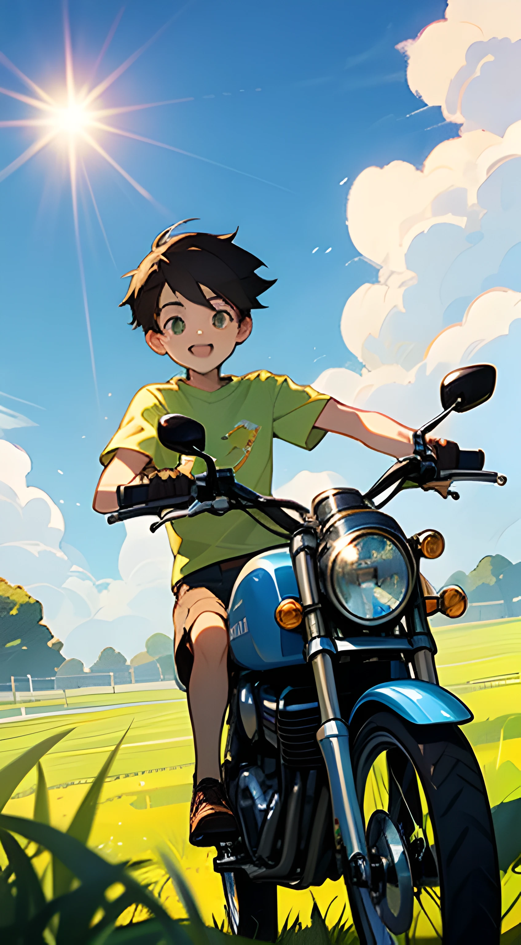 (high high quality)Motorcyclical(younge boy)Show on the(On wide meadows)swim,Wear a summer T-shirt,The direction of the ride is greeting(Brilliant sunshine),Behind him is(Vibrant garden)。