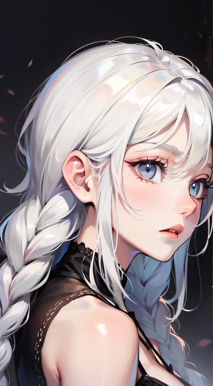 A white-haired beauty,long braid,sideface,The expression is cold,Look up