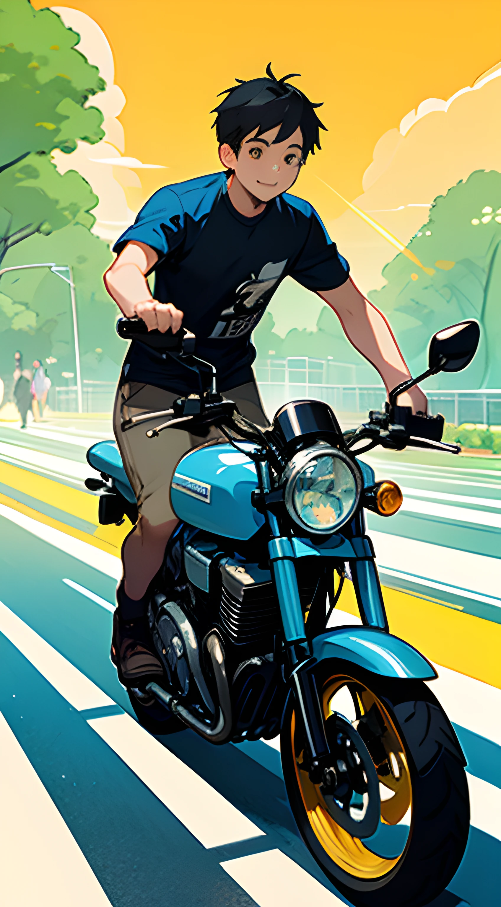 (high high quality)Motorcyclical(younge boy)Show on the(On wide meadows)swim,Wear a summer T-shirt,The direction of the ride is greeting(Brilliant sunshine),Behind him is(Vibrant garden)。
