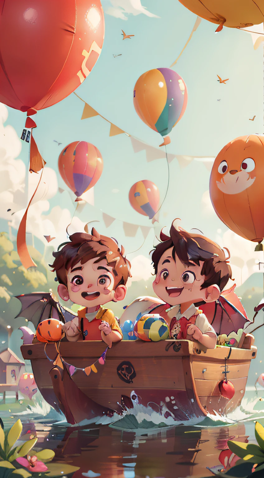 UHD,(High definition resolution:1.2),Skin luster,(Best quality:1.1),(masterpiece),(best quality),smile,(beautiful detailed face),(beautiful detailed eyes),8K,Around the flying colorful balloons,((Two boys are playing)),Peripheral small animals,outside,lovable,dragon boat,