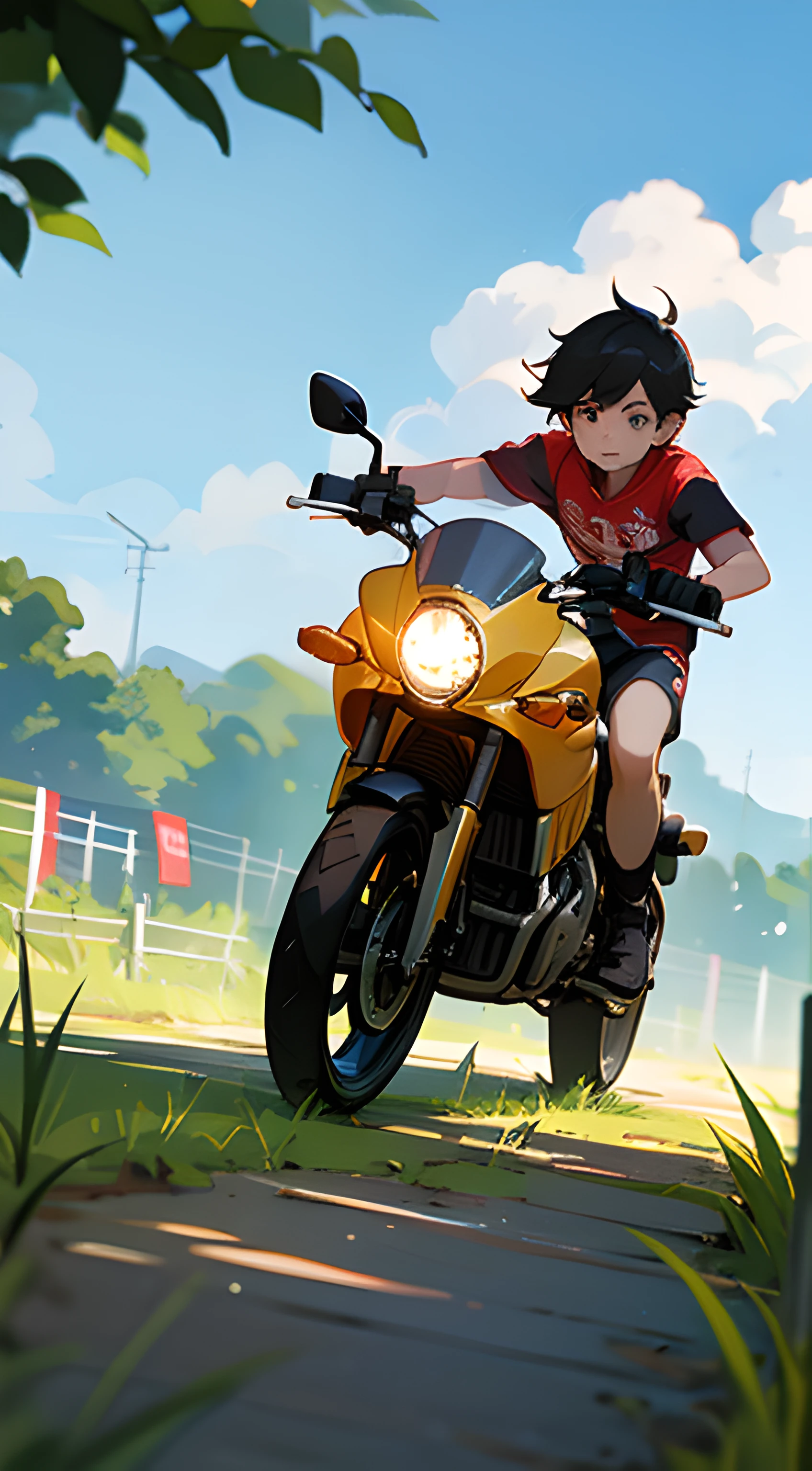 (high high quality)Motorcyclical(younge boy)Show on the(On wide meadows)swim,Wear a summer T-shirt,The direction of the ride is greeting(Brilliant sunshine),Behind him is(Vibrant garden)。