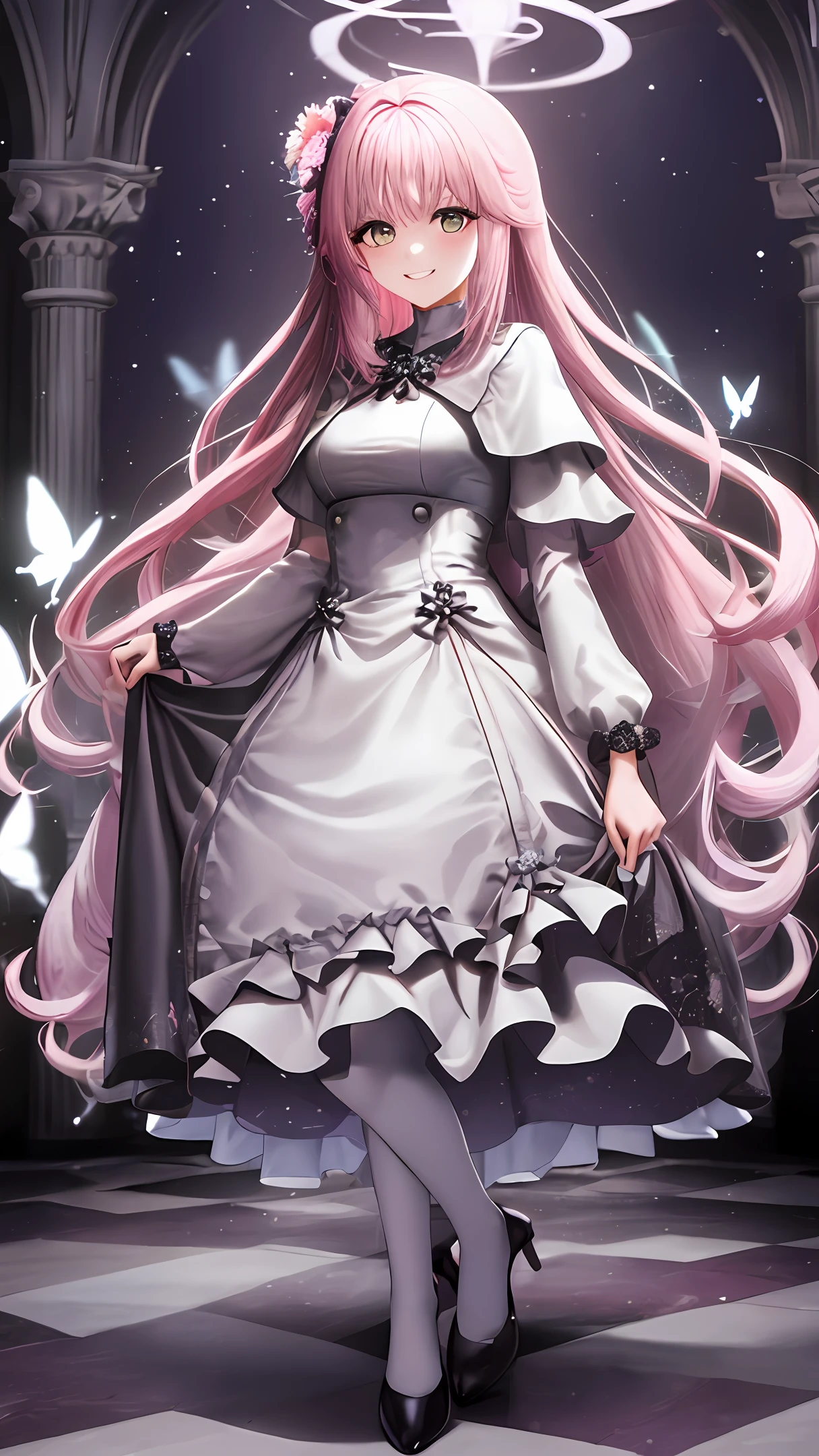 one-girl,(Gorgeous, heavy, multi-layered, extra-long Lolita),long skirt,gentleness,The picture is pink overall,royal house,A pink-haired,long whitr hair,Shawl hair,Most small butterflies,sparkling,shine,There are butterfly flowers on the skirt,The dress is decorated with variety and prosperity,The skirt grows to the floor,The skirt is pink,Hair grows to the ground,The whole is super gorgeous, heavy and multi-layered,Full body like,There are many shiny flowers and butterflies around the character,There are many flowers in the picture,Hair down to the strands,ssmile,flower sea