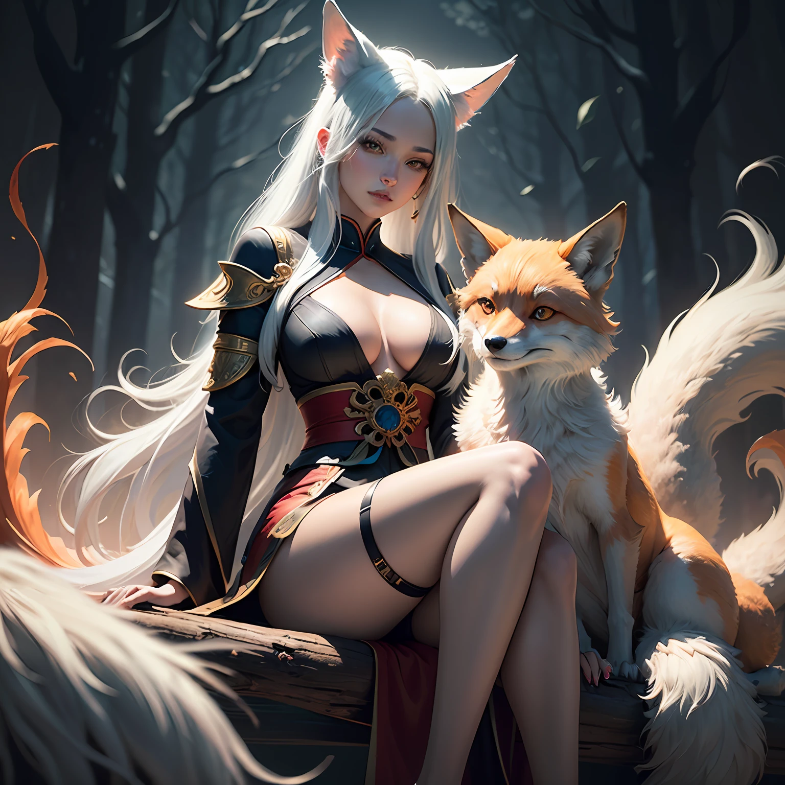 Firming,A masterpiece of national comics,beautifuldetails,extremely colorful,Exquisite details,Delicate lips,The details are complex,Realiy,Ultra photo realsisim,A girl with a white-haired fox sitting on a branch:1.1,Large breasts,Raised sexy,seductiv,ethereal fox,nine tail fox,Fox three-tailed fox,Onmyoji detailed art,Nine Tails,a beautiful artwork illustration,mythological creatures,red fox,Beautiful digital artwork,Exquisite digital illustration,mizutsune , Inspired by the mythical creature wildnet,Digital art on Pixiv,strong lights,hight contrast,Horror movie theme,Dark atmosphere