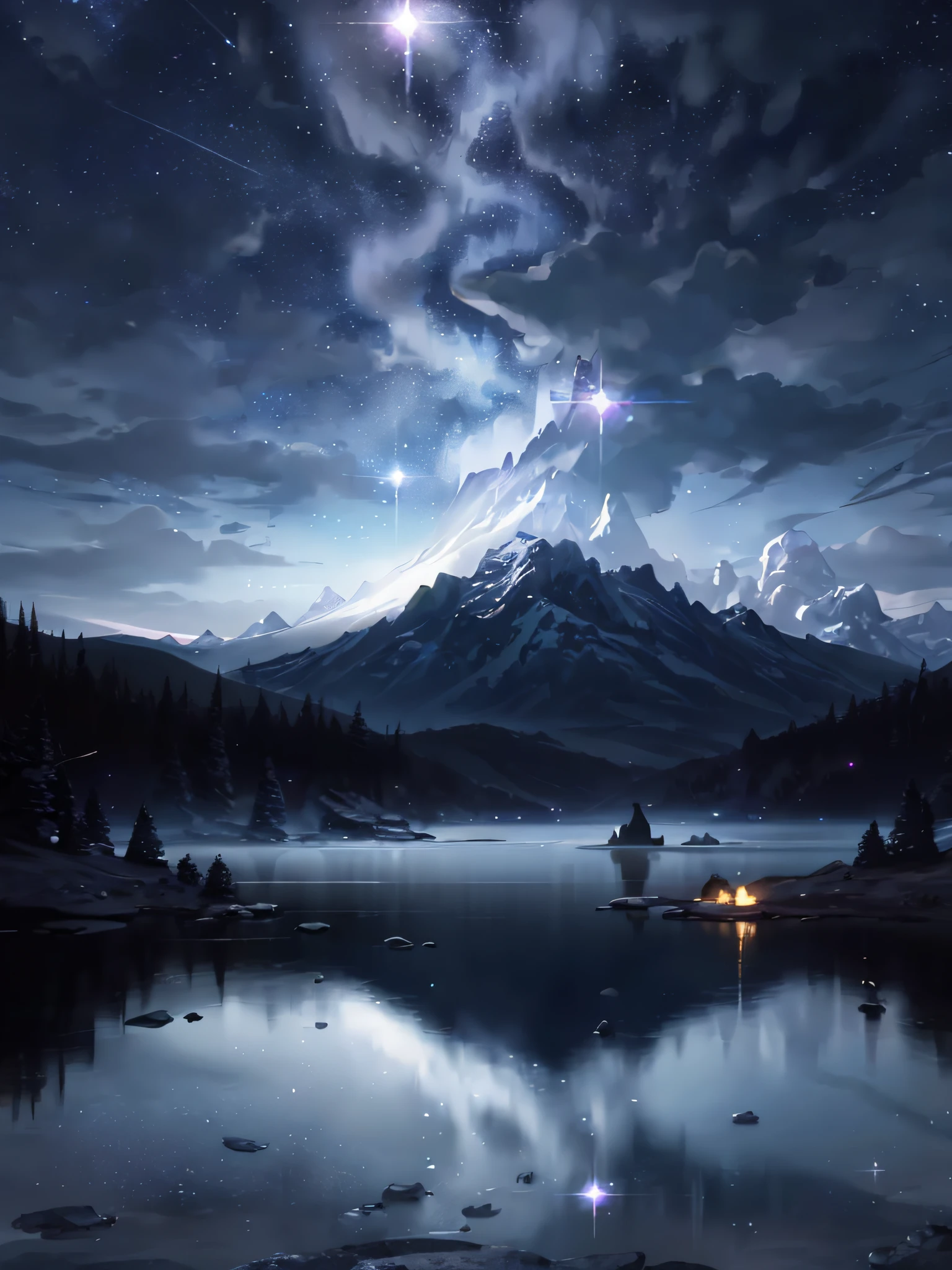 starry night scene with a lake and mountain in the background, 8k stunning artwork, inspired by Christopher Balaskas, by Christopher Balaskas, 4k highly detailed digital art, jessica rossier fantasy art, beautiful art uhd 4 k, dan mumford and albert bierstadt, 8k resolution concept art, ryan dyar, epic dreamlike fantasy landscape