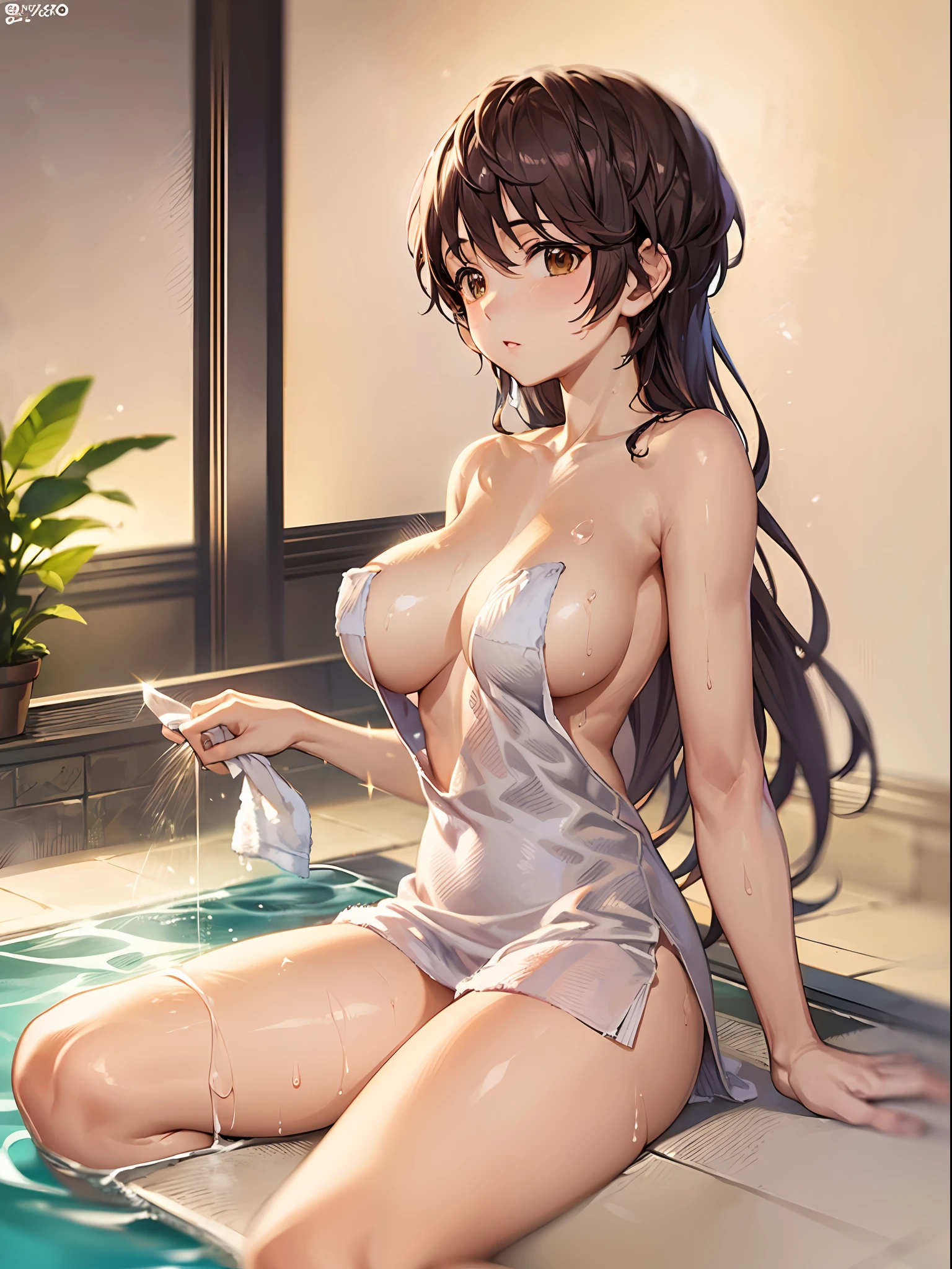 (巨作)), ((Best quality)), (Ultra-detailed), ((kawaii)), kawaii, (Lovely), ((Extremely detailed)), 4K, (8K), Best quality, (Beautiful),(((World-class quality))), Extremely detailed, High resolution, (detailed shaded pretty face), Full body, Adolecente, solo, ((seios gigantescos)), (((Sagging breasts))),((Long hair)),((Naked_Towels:1.5)), oikawa shizuku , armpits, On the bed, From the side Side