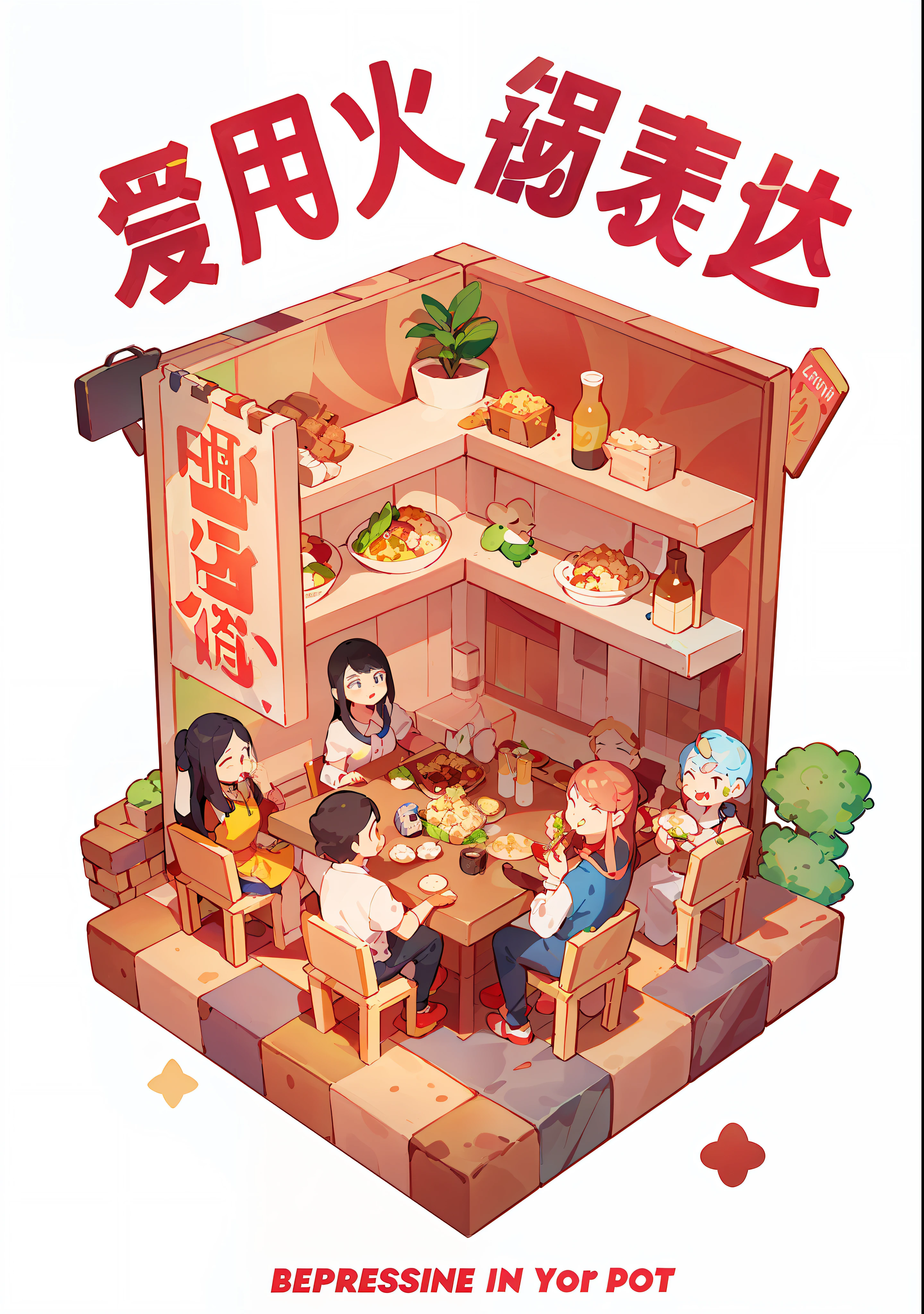 There is a cartoon,Family eating in the restaurant, mapo tofu cartoon, Poster illustration, Game illustration, people inside eating meals, Detailed 2D illustration, Family dinner, card game illustration, a multidimensional cozy tavern, 2. 5 d illus, restaurant!!, illustrated poster, 🪔 🎨;🌞🌄, restaurant!, like jiufen
