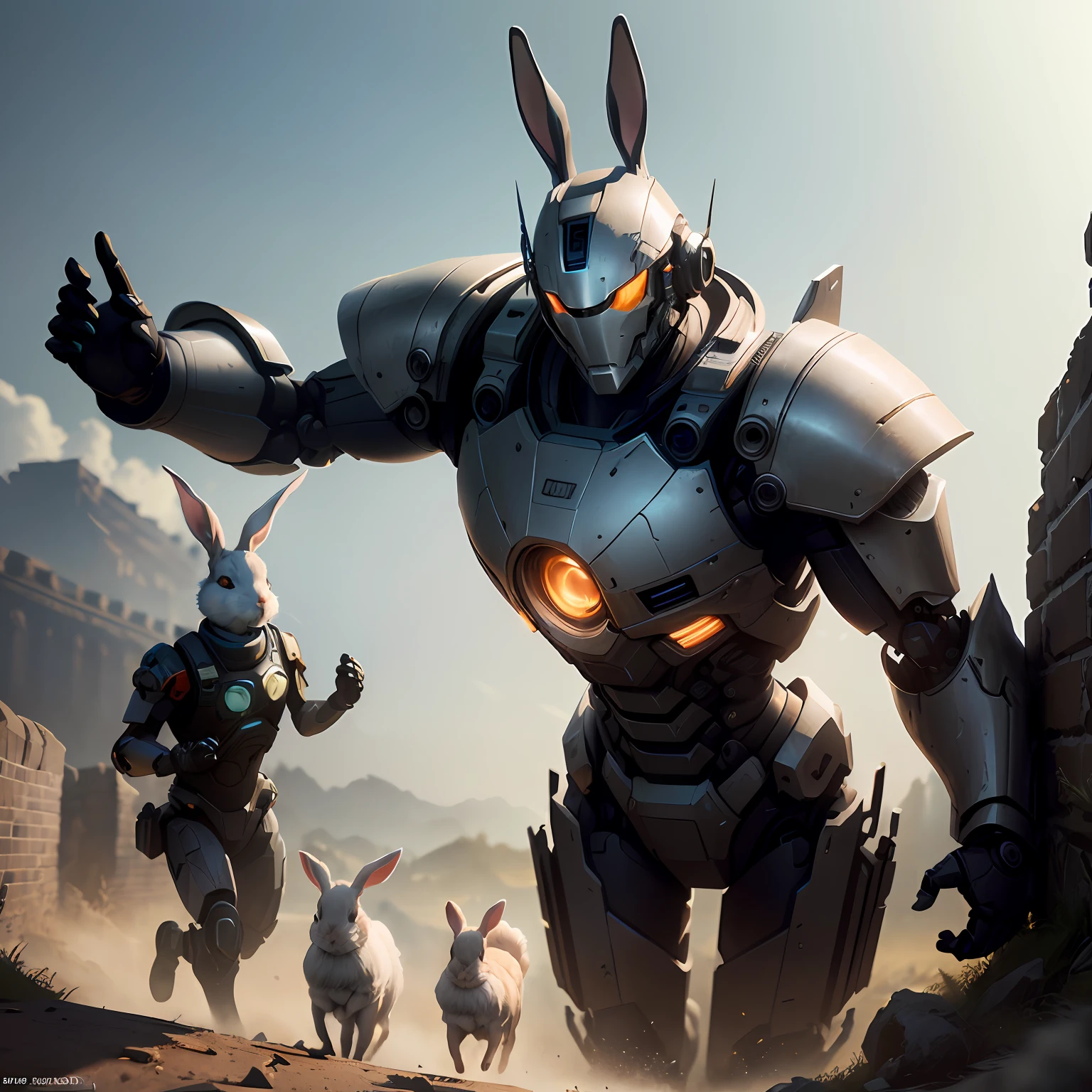 There are some rabbits running around the walls with robots, wojtek fus, author:Lee Jeon-suk, HQ 4K wallpaper, trending on artstation 4k, epic video game art, made in unreal engine 5, key art, created in unreal engine 5, unreal engine', ( ( illusory engine ) ), trending on unreal engine 5, render in unreal engine 5