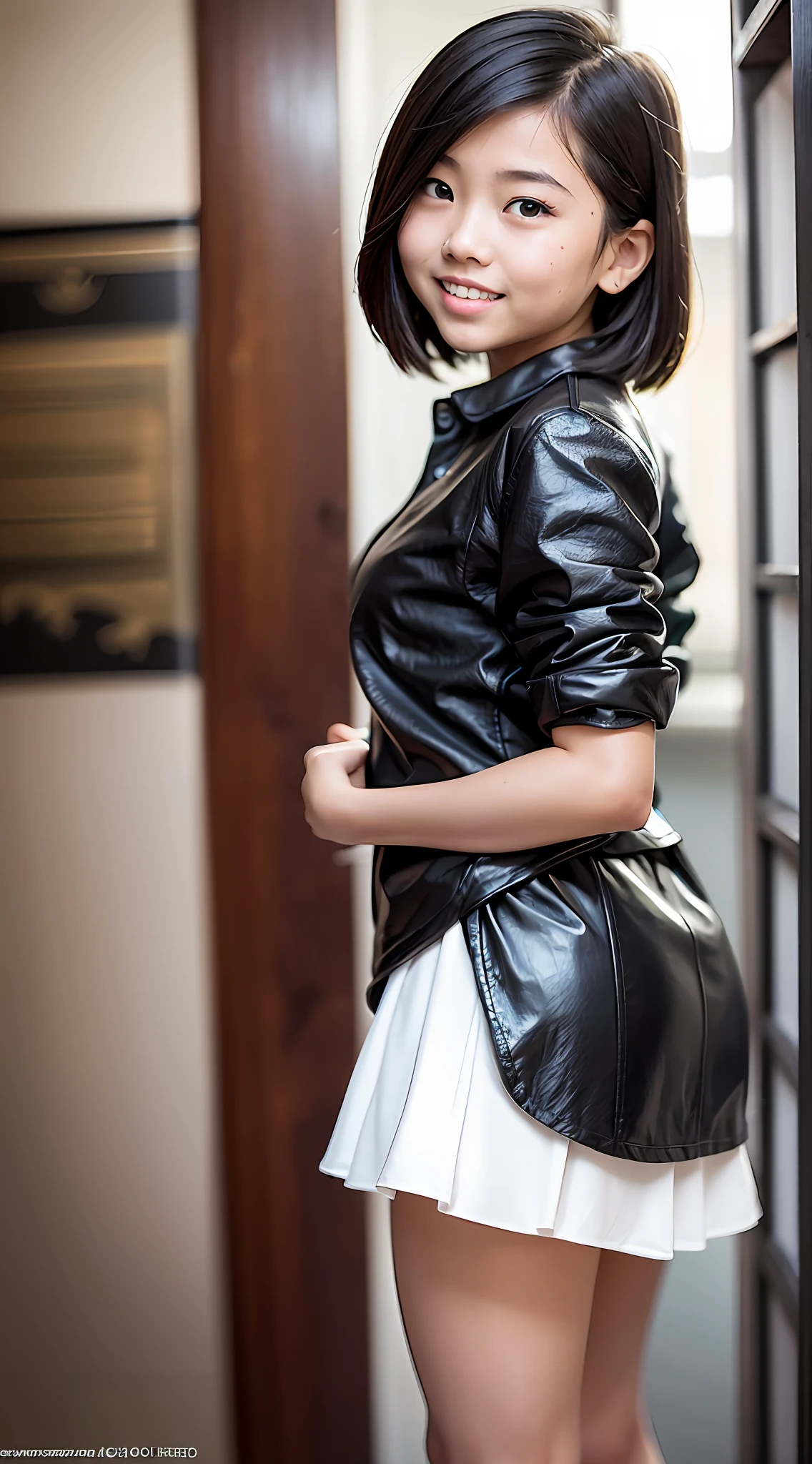 Chica de pelo corto naranja posando para una foto. Realista, 8k, vertical, ultra hd, foto realista de una chica asiatica, chica china, Asian adolescent, Asian girl, 10 years old, niña 10 years old girl, adolescentes china, (1chica), vestida con un top negro de cuero, falda blanca, dressed in a black leather top, white skirt, una lebe sonrisa, realista, realistic, highly detailed 12 year old girl, full body, cuerpo completo, Vertical photography, fondo de celular, 9:16 ratio, sexy, hermosa detallada, mucha luz, mucha sombra, iluminacion, inclinada hacia delante de forma sexy que se le vea la braga.