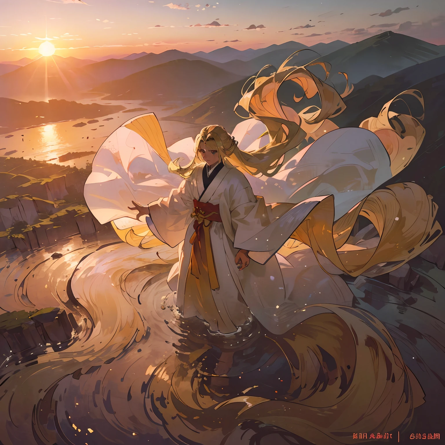 (picture quality is high,Style Xiuxian),(1boy),Long hair standing on the top of the mountain,Fairy-like,The sun shines,(golden sunset:1.2),(Summer breeze:1.1),(long and flowing hair:1.1),(long white robe:1.1),(Ultra-clear picture:1.1),(Fairy-like),(Long blonde hair:1.4) --auto