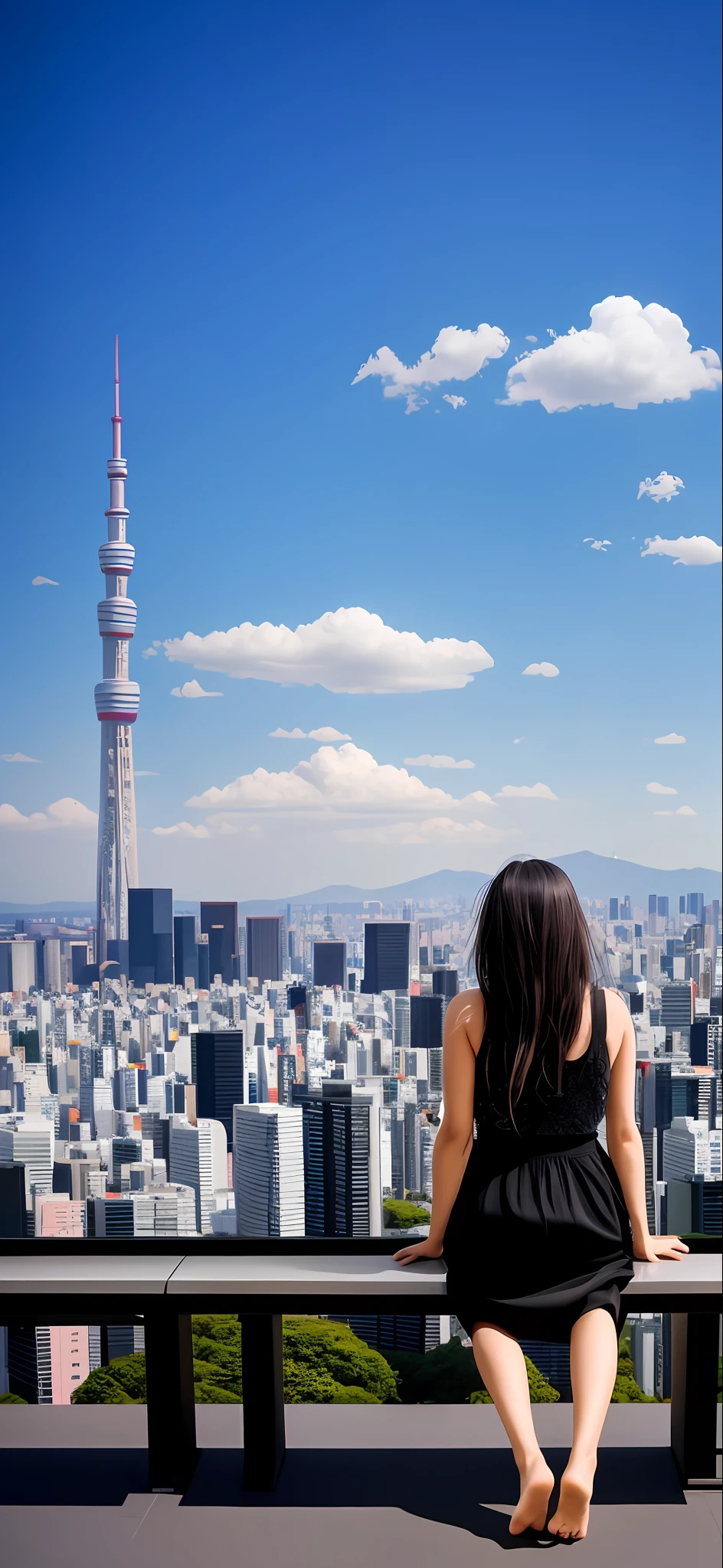There is a black silk barefoot beautiful sister sitting on a bench looking at the city,tokyo city in the background, skylines, osaka skyline background, around the city, tokio futuristic in background, skyline showing, toyko, tokyo in the background, toyko, in Tokyo, city in the clouds, japanese downtown, skylines