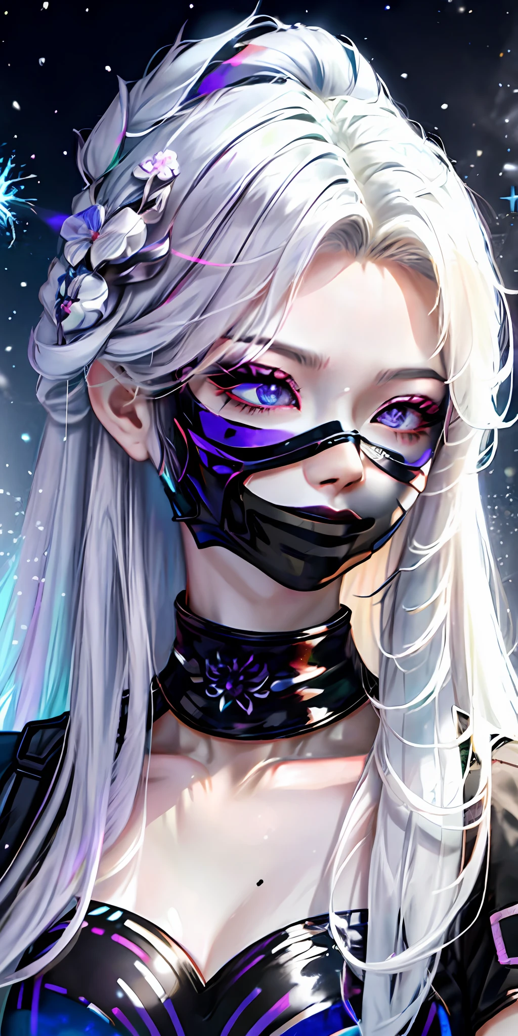 1girl, white hair, multicolored hair, purple eyes, mask on head, sidelighting, light particles, wallpaper,