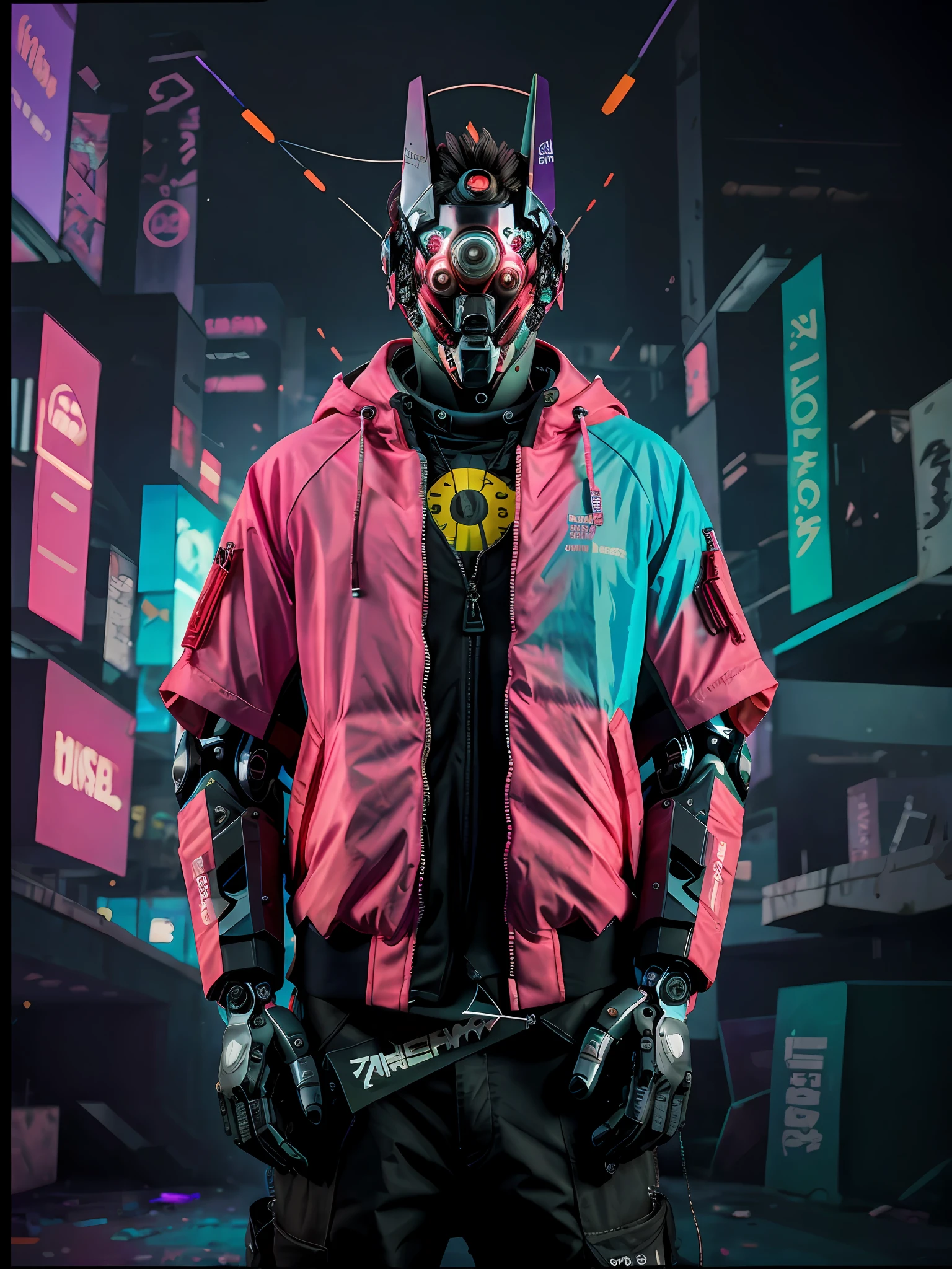 A close-up of a psychotic man in a cyberpunk jacket, with cybernetic implants and a gun. The style must be futuristic and technological, Like you're in a dystopian sci-fi world. Lighting should be dark with cybernetic and neon tones. El hombre debe tener un aspecto despiadado y peligroso, con una mirada fija y amenazante en sus ojos. chupas!,