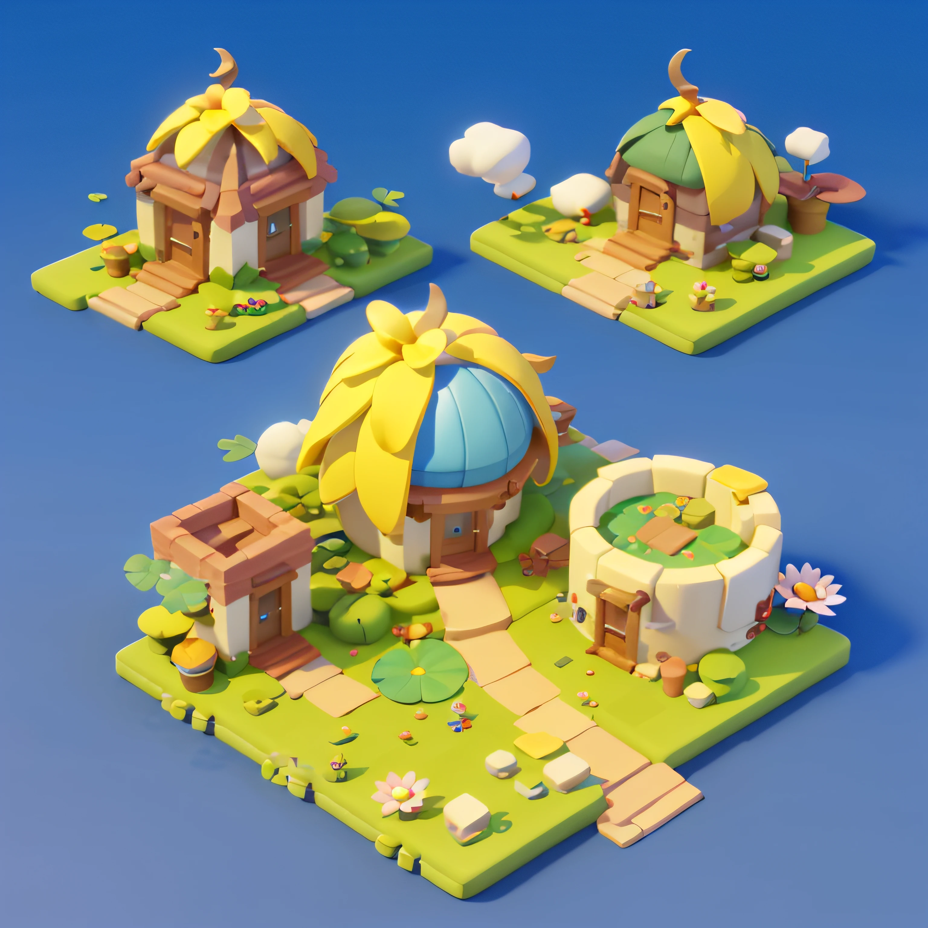 Game architectural design, cartoony, towns，steins，beachside，blue-sky，baiyun，Lotus leaf，lotuses，Small lake，brick，grassy fields，rios，blossoms，casual game style, 3d, blender，closeup cleavage，tmasterpiece，super detailing，best qualtiy
