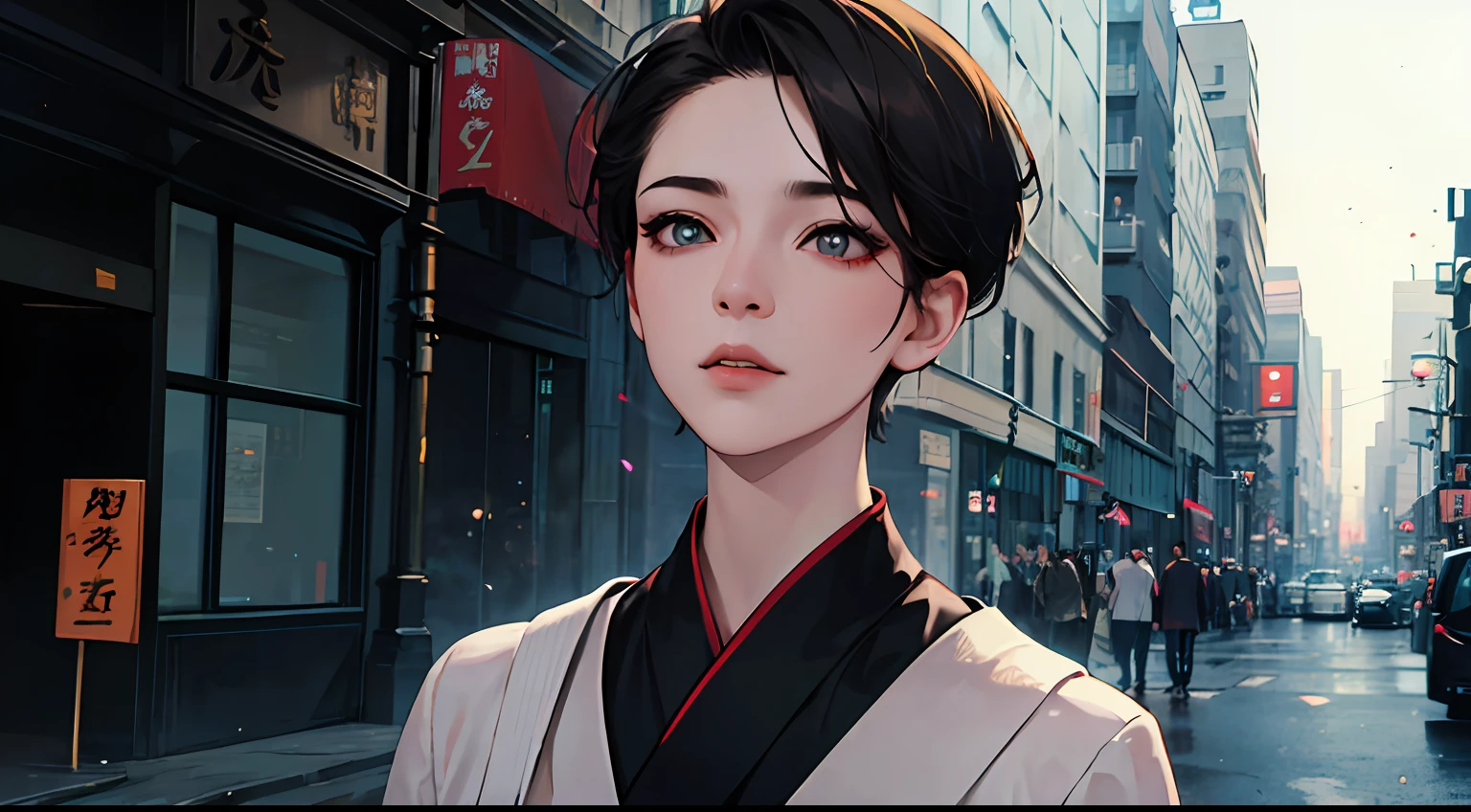 tmasterpiece,Best quality at best,ultra - detailed,absurderes, 5girl,Black hair short hair,brunette color hair,Detailed eyes,largeeyes,eyeslashes,Towards the audience,Street background,Black Themes,The Yakuza,silent atmosphere,Particle effect --auto