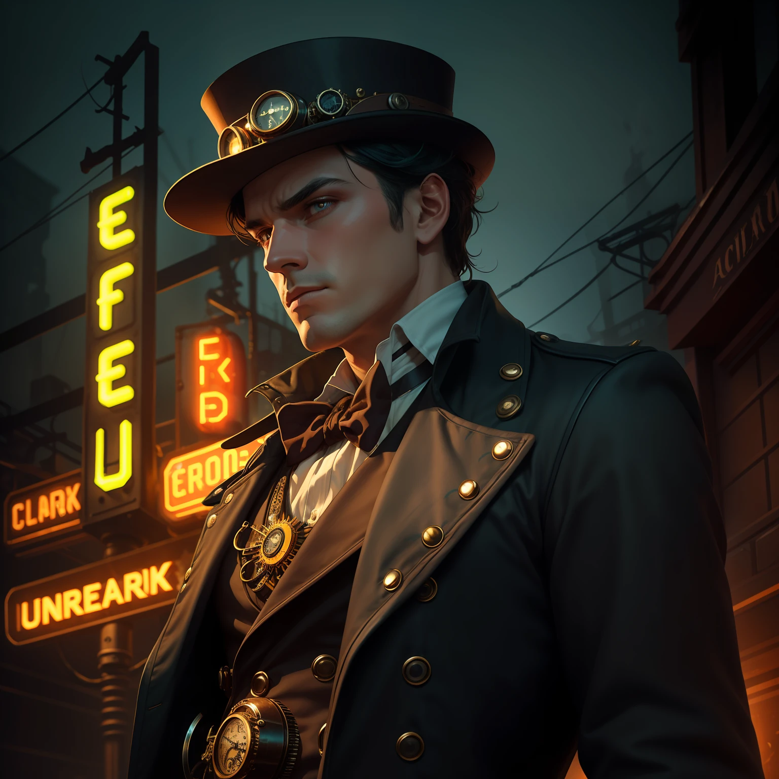 A striking male character portrayed in a clean-faced, minimalistic profile picture, embodying the essence of steampunk aesthetics and accentuated by mesmerizing neon lighting. The character faces the camera, exuding confidence and intrigue. His steampunk clothing features a tailored coat with intricate clockwork details, adorned with neon piping and metallic accents. His face is clean-shaven and unobscured, allowing his sharp features to shine. The background is kept minimal, with a darkened atmosphere punctuated by vibrant neon lights, creating a dramatic contrast. Style: Digital artwork with a minimalistic and clean aesthetic, utilizing bold lines and contrasting colors, with a strong emphasis on the vibrant neon lighting. Execution: Created using digital brushes and techniques that highlight simplicity and precise detailing, focusing on the character's face, steampunk clothing, and direct gaze. --ar 1:1 --v7