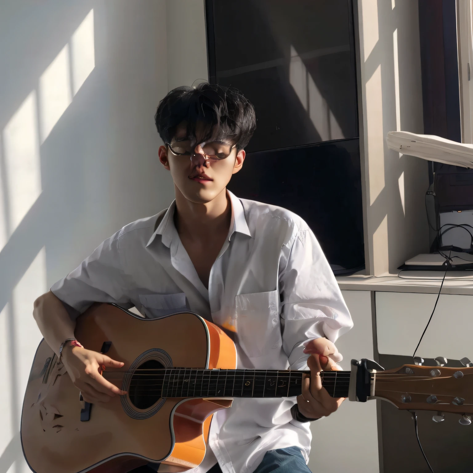 There was a man in the room playing a guitar, Kim Do-young, Kim Tae-joon, Shin Jinying, Inspired by Song Maojin, inspired by jeonseok lee, jaeyeon nam, Playing guitar, plays the guitar, seseon yoon, hyung tae, korean artist, sun-hyuk kim, yanjun cheng, inspired by Huang Gongwang