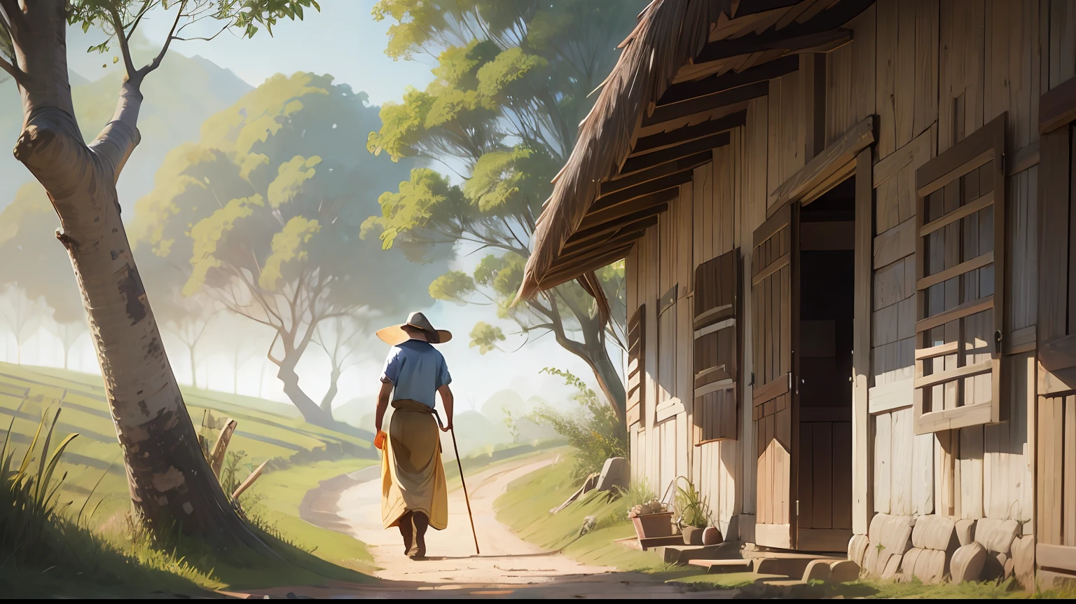 Hot summer in the countryside，There are a lot of neat rice paddies，Parents bend down to do farm work in the fields，3 small children playing by the field，Blue skies and big clouds，There are neat rice in the fields，the woods，Rural farmhouse，Cool breeze，Quiet，high definition detail，Hyper-detailing，Sense of childhood，ultra-realistic realism、Realistic style，Soft light、Deep field focus bokeh、Ray tracing and surrealism。 --auto