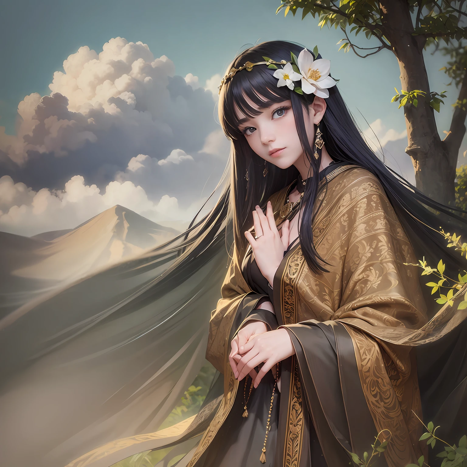 White plain robe A girl with bangs with long black hair and hairpins --auto