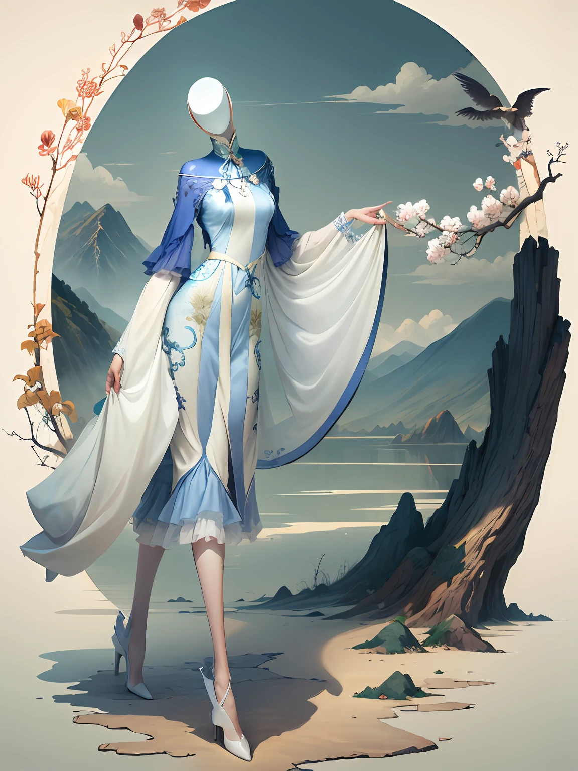 Women in dresses,Wear costumes inspired by Chinese landscape paintings,The overall tone is bluish white。