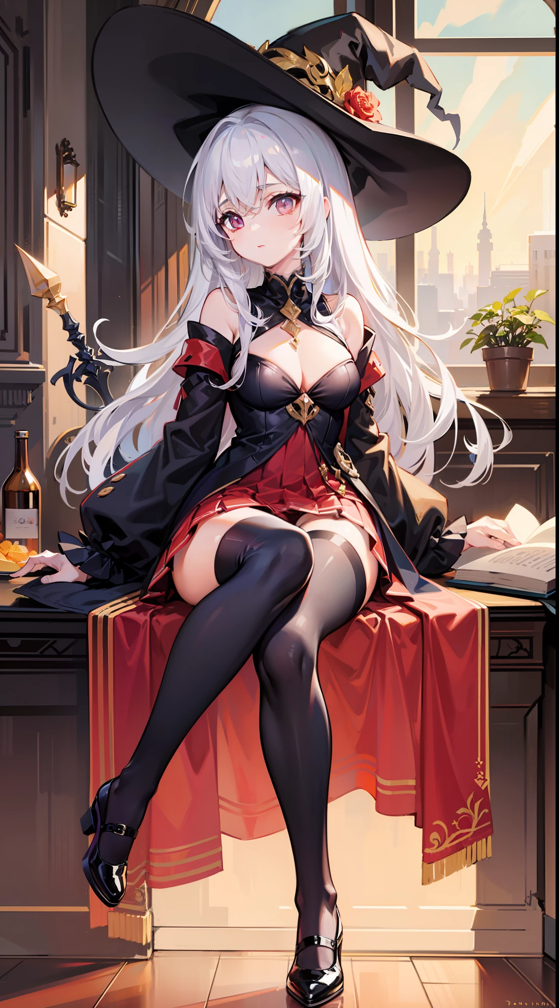 16k, hyper HD, retinas, Masterpiece, ccurate, Anatomically correct, High details, Best quality, High quality, A high resolution,White color hair,The Witch,Take the book,the night,long whitr hair,short skirt,Sit Pose,afloat,Brilliant,opulent,first person,illustration,quadratic element,Side breasts,Take the wand,black over-the-knee socks,Exposed panties
