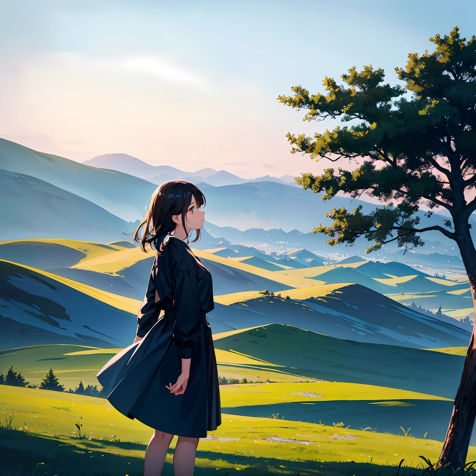 wheat field, Japanese high school girl standing in a wheat field, large clouds, Blue sky, ricefield, Neat rice seedlings in the field, forest, hillside, secluded, rural, high definition detail, hyper-detailing, Cinematic, surrealism, Soft light, Deep field focus bokeh, Ray tracing and surrealism. --auto --v6