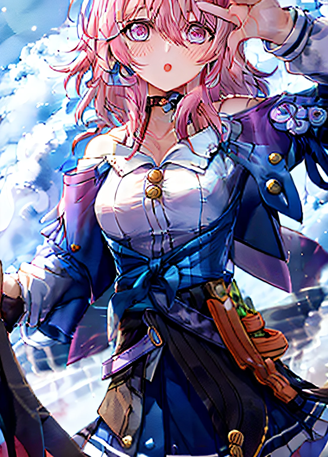 1girl, ;o, bangs, bare shoulders,(multicolor eyes), blush, breasts, choker, collarbone, garter straps, hair between eyes, jacket, jewelry, long sleeves, looking at viewer, medium breasts, off shoulder,open jacket, pink hair, shirt, skirt, solo, walking white shirt ,outdoors,dark sky