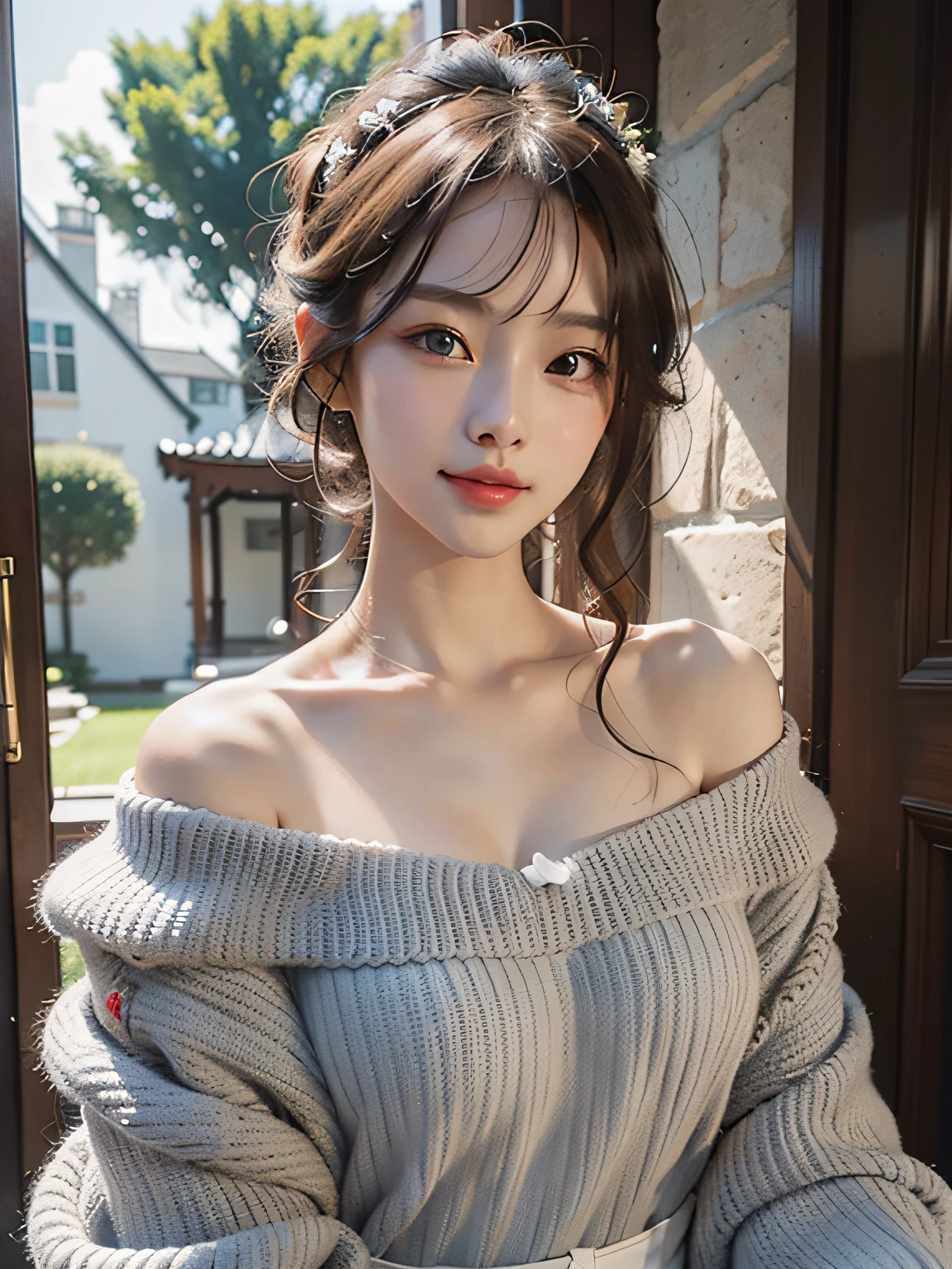 best qualtiy, tmasterpiece, 超高分辨率, realisticlying, 1girll, ssmile,mediuml breasts,White skin of the,white under lingerie