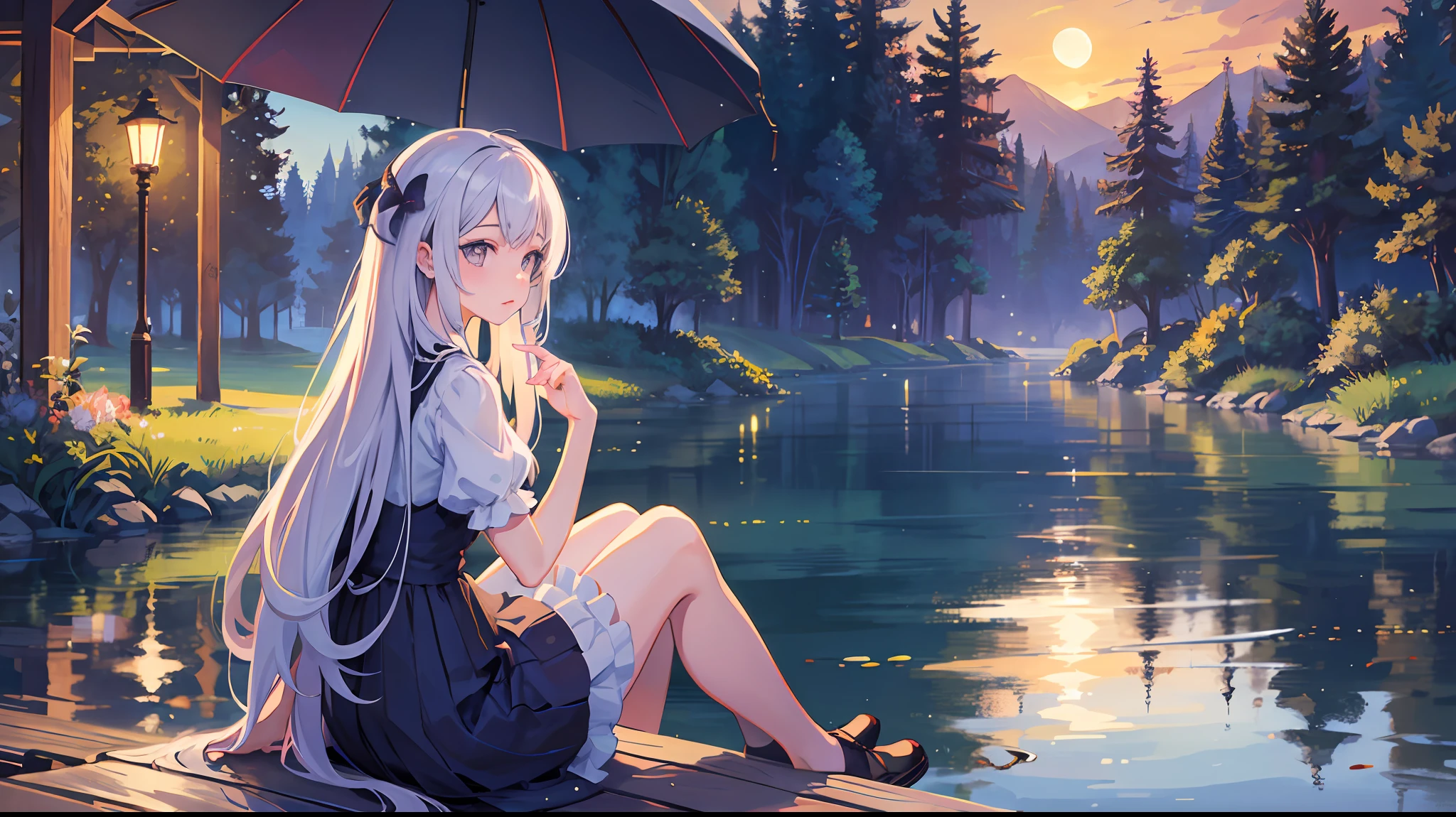 ((masterpiece, best quality)), a girl, flower, dress, solo, lying, rain, butterfly, bug, water, bangs, frills, breasts, long hair, white dress, short sleeves, hair ornament, on back, outstretched arm, frilled dress, arm up, white flower, hair flower, grey eyes, white hair,looking away