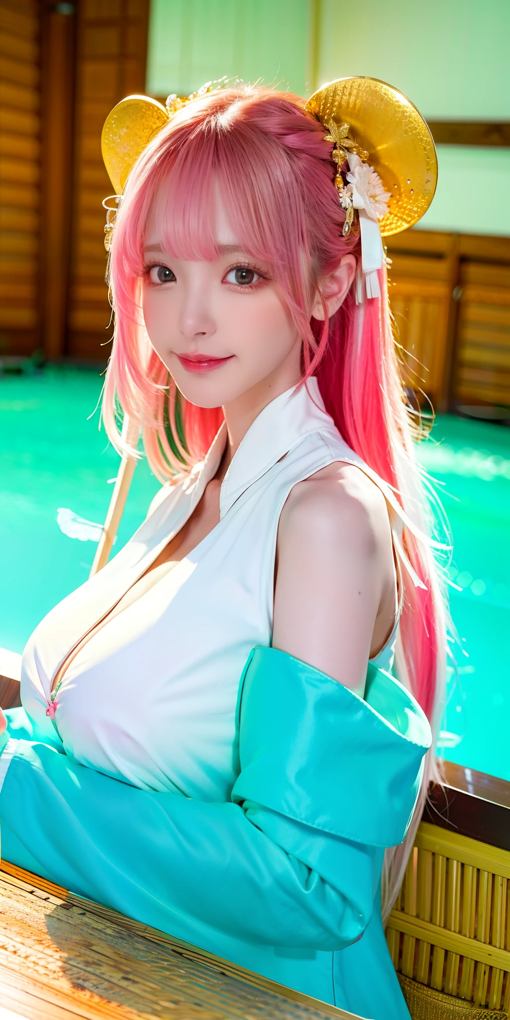 (8k, 4k, best quality, highres:1.2), (maasterpiece, realistic, photo realistic:1.37), 1girl, solo, beautiful face, eyelashes, nose, glossy lips, (detailed eyes, looking at viewer, fair skin, white skin:1.5), fine complexion, upper body,
large breasts, busty,,,
outdoor onsen,
two side up, absurdly long hair, blonde hair, pink hair, bangs, hair ornament, bow,
younger, aged down,