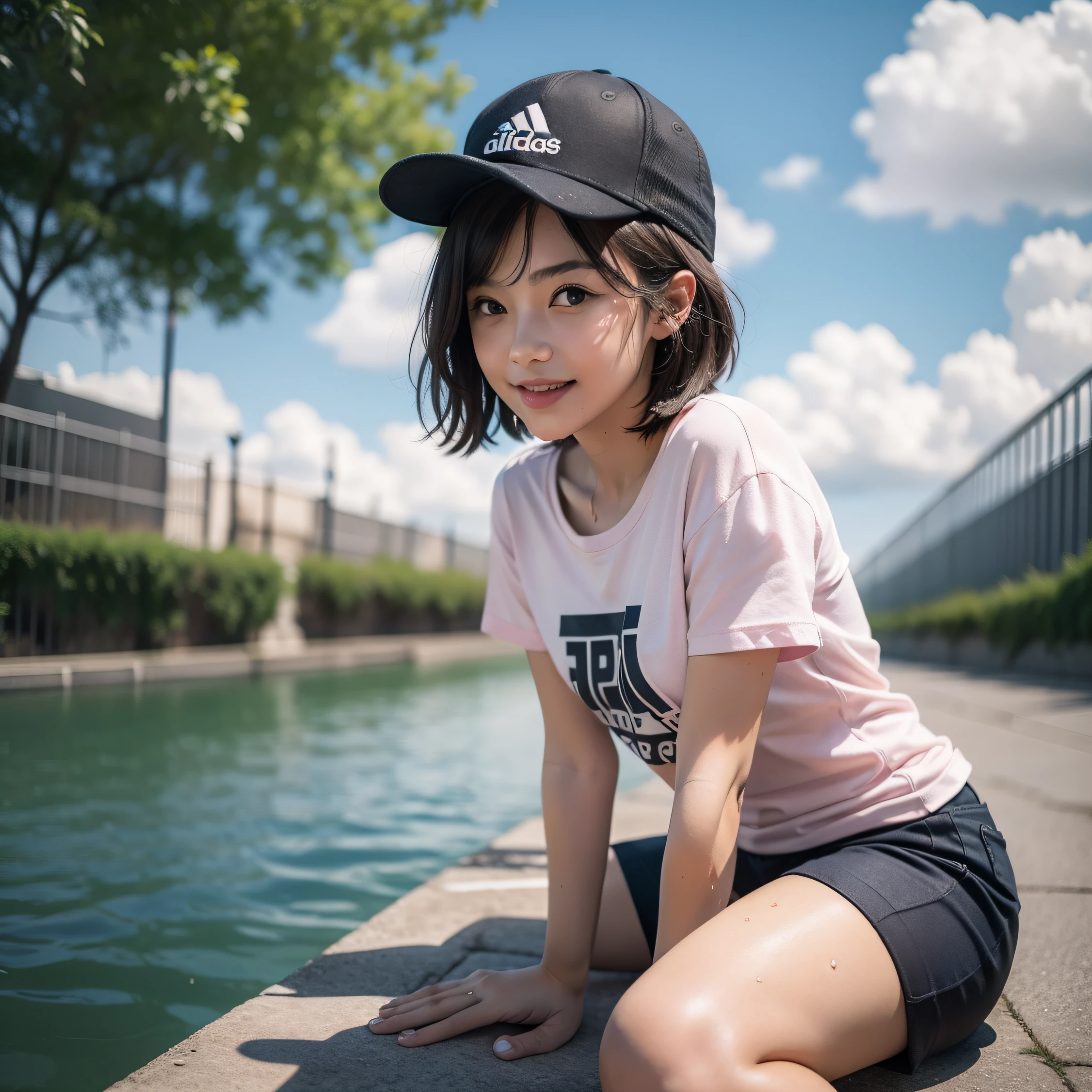 (8k, best quality, masterpiece:1.2), (realistic, photo-realistic:1.37), ultra-detailed, 1 girl,cute, solo,beautiful detailed sky,sitting,dating,(nose blush),(smile:1.15),(closed mouth) small breasts,beautiful detailed eyes,(black T-shirt:1.1), ,(pink baseball cap:1.1)Upper body body,wet,adidas black pink T-shirt, rain,(short hair:1.2),floating hair NovaFrogStyle,