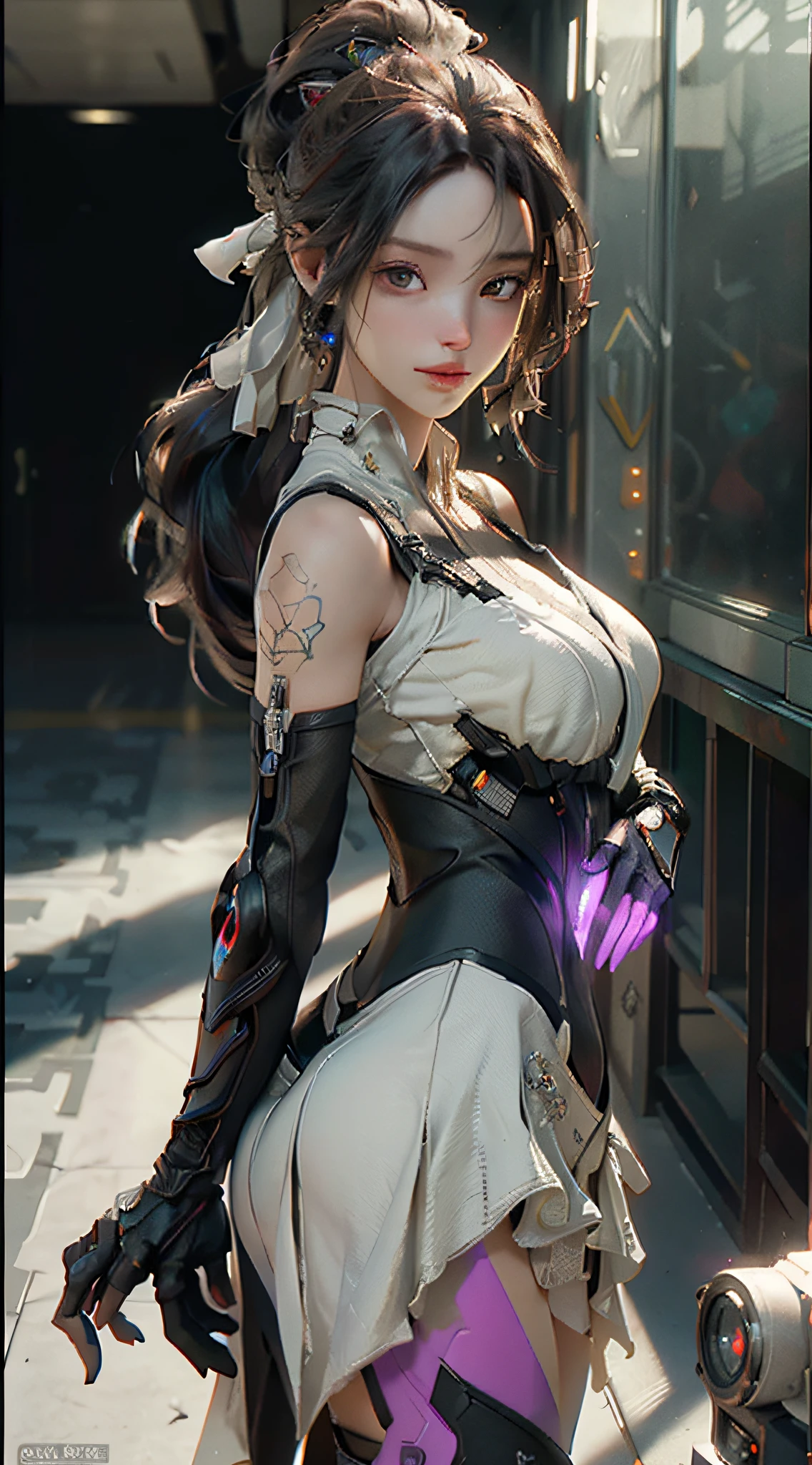 ((Best quality)), ((masterpiece)), (detailed:1.4), 3D, an image of a beautiful cyberpunk female,HDR (High Dynamic Range),Ray Tracing,NVIDIA RTX,Super-Resolution,Unreal 5,Subsurface scattering,PBR Texturing,Post-processing,Anisotropic Filtering,Depth-of-field,Maximum clarity and sharpness,Multi-layered textures,Albedo and Specular maps,Surface shading,Accurate simulation of light-material interaction,Perfect proportions,Octane Render,Two-tone lighting,Wide aperture,Low ISO,White balance,Rule of thirds,8K RAW,