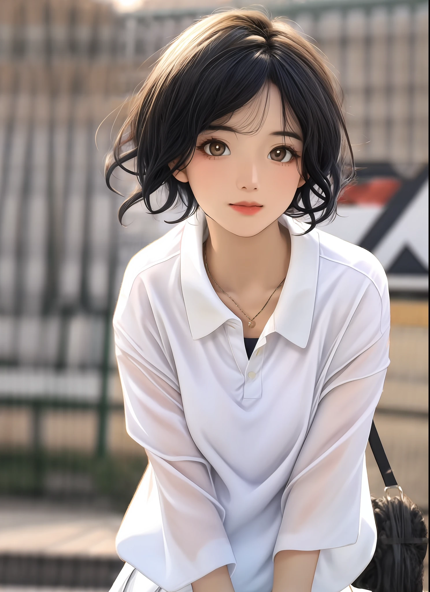 1girl, solo, white polo shirt, white sneakers, tennis wear, white mini skirt, masterpiece, best quality, realistic, super detailed, ridiculous, looking at the audience, short black hair, brown eyes, slender, dynamic light and shadow, high resolution, sharp focus, depth of field, fine eyes, sharp pupils, realistic pupils, (small chest: 1.6), (thigh thickness: 1.0), outdoor, sky