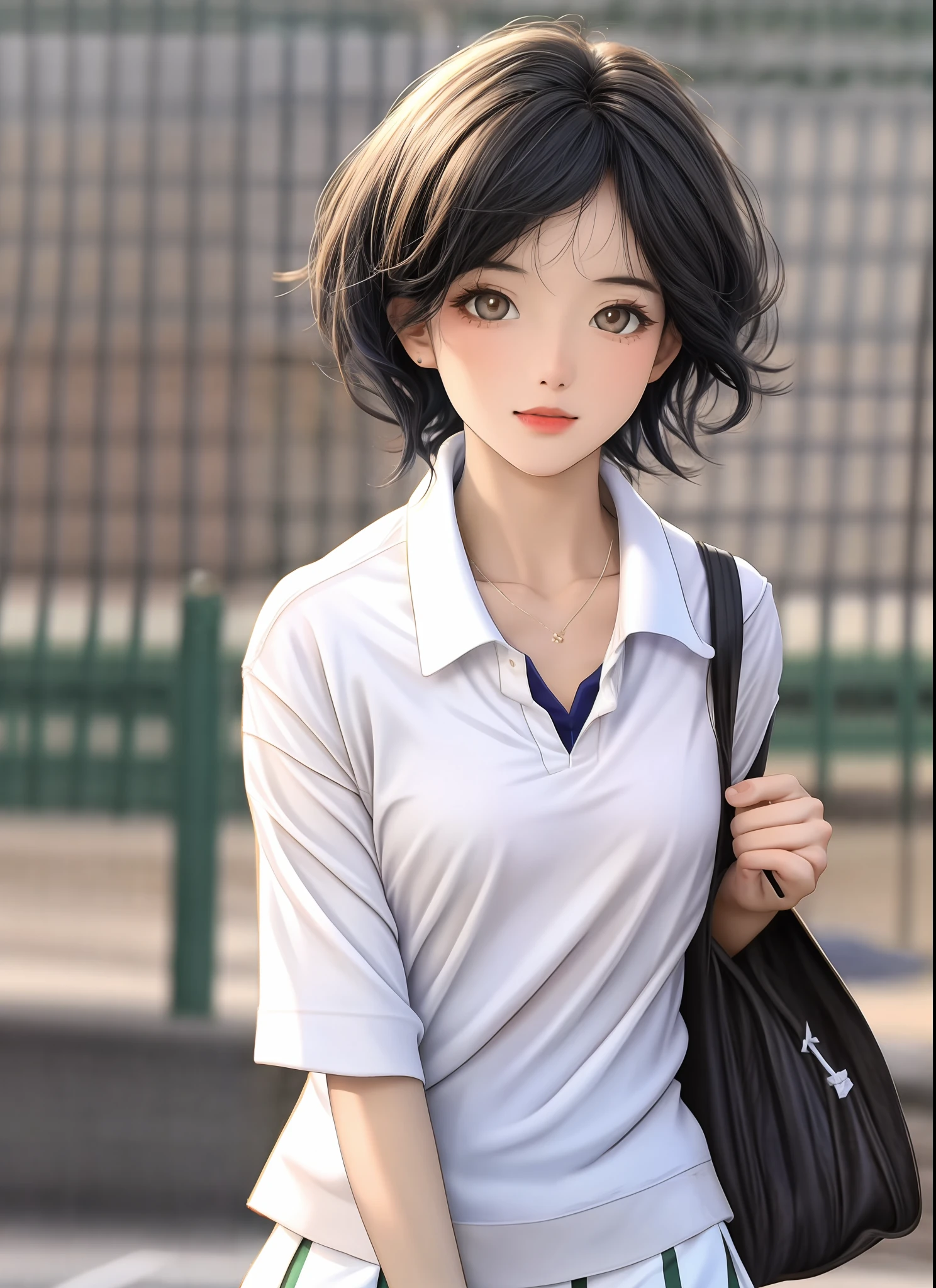 1girl, solo, white polo shirt, white sneakers, tennis wear, white mini skirt, masterpiece, best quality, realistic, super detailed, ridiculous, looking at the audience, short black hair, brown eyes, slender, dynamic light and shadow, high resolution, sharp focus, depth of field, fine eyes, sharp pupils, realistic pupils, (small chest: 1.6), (thigh thickness: 1.0), outdoor, sky