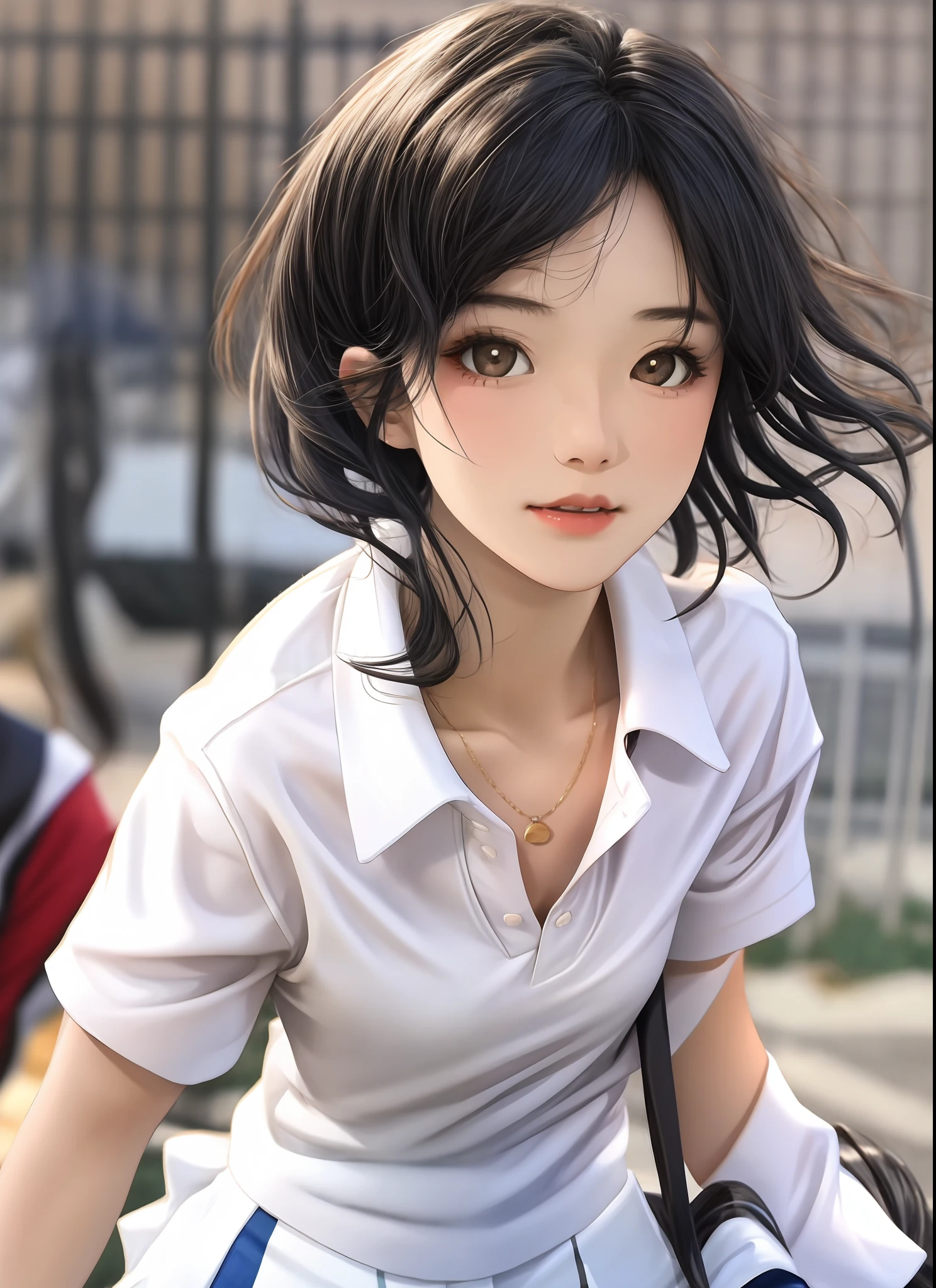 1girl, solo, white polo shirt, white sneakers, tennis wear, white mini skirt, masterpiece, best quality, realistic, super detailed, ridiculous, looking at the audience, short black hair, brown eyes, slender, dynamic light and shadow, high resolution, sharp focus, depth of field, fine eyes, sharp pupils, realistic pupils, (small chest: 1.6), (thigh thickness: 1.0), outdoor, sky