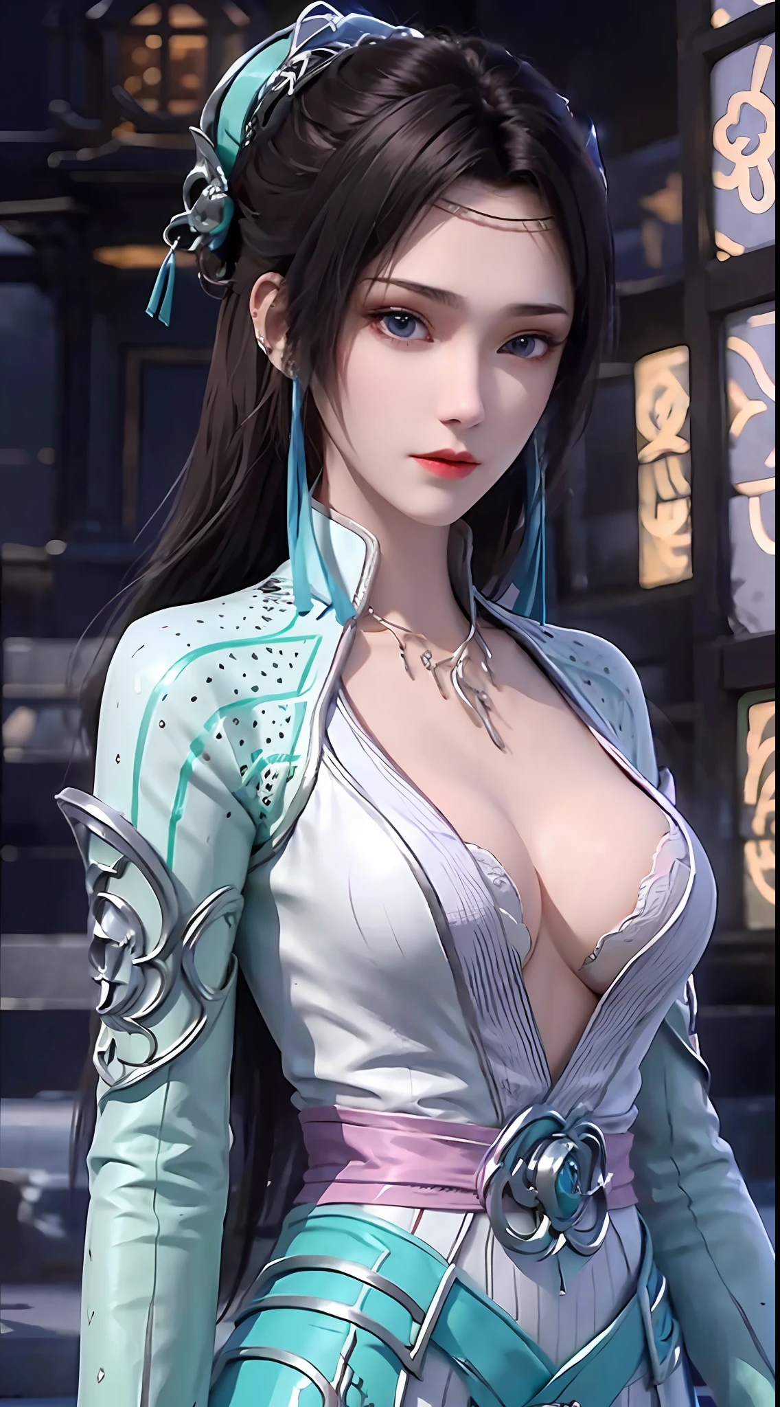 1 beautiful girl in hanfu dress, thin blue silk blouse with many white patterns, white lace top, platinum purple long ponytail, hair jewelry, ear jewelry, necklace and necklace, meticulously drawn big blue eyes, meticulous makeup, thin eyebrows, high nose, pretty red lips, no smile, pursed lips, rosy cheeks, enlarged breasts, huge breasts, well-proportioned breasts, slim waist, colored mesh socks purple, chinese hanfu style, fictional art texture, vivid and true color, RAW photo, real photo, ultra high quality 8k surreal photo, (amazing lighting effect: 1.8), 10x pixels, magic effect (background): 1.8), super detailed eyes, girl portrait, girl alone, hanfu historical background,