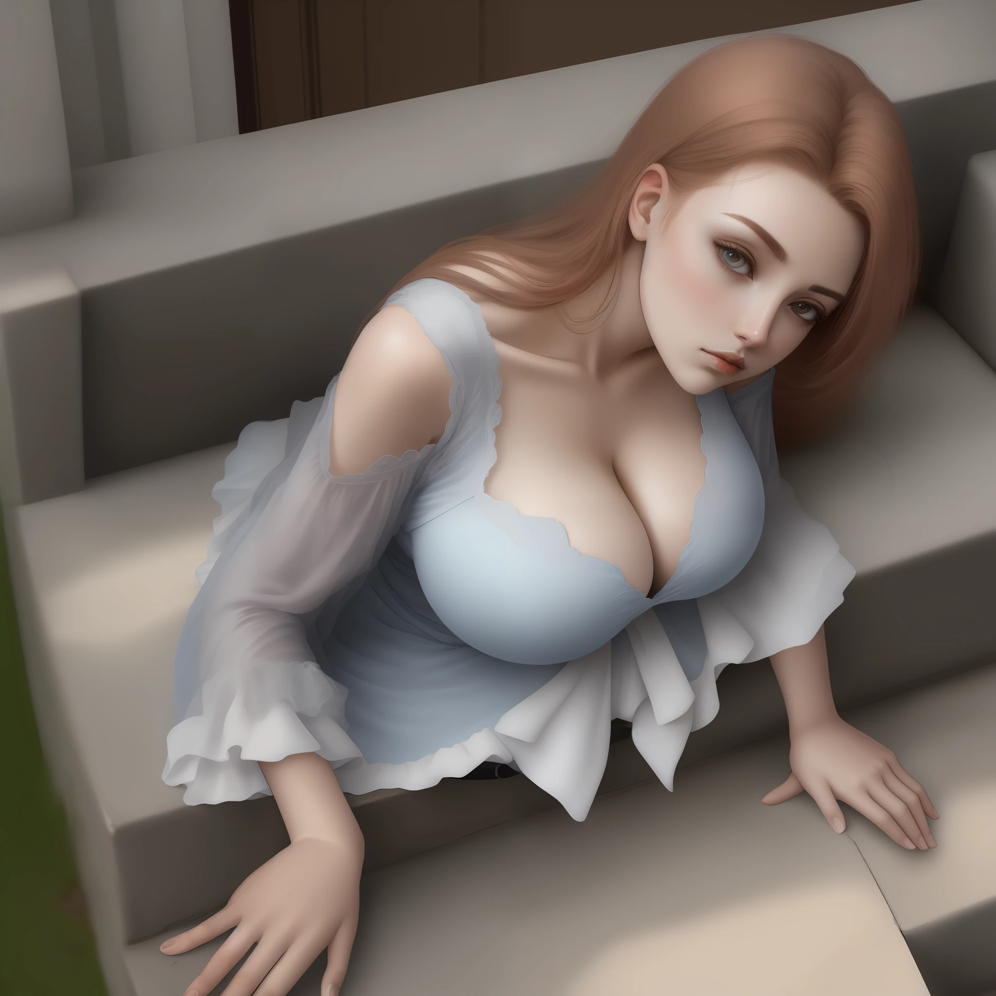 European and American aesthetic appearance,exteriors,Kizi,Lie down,looking at viewert,big breasts exposed cleavage