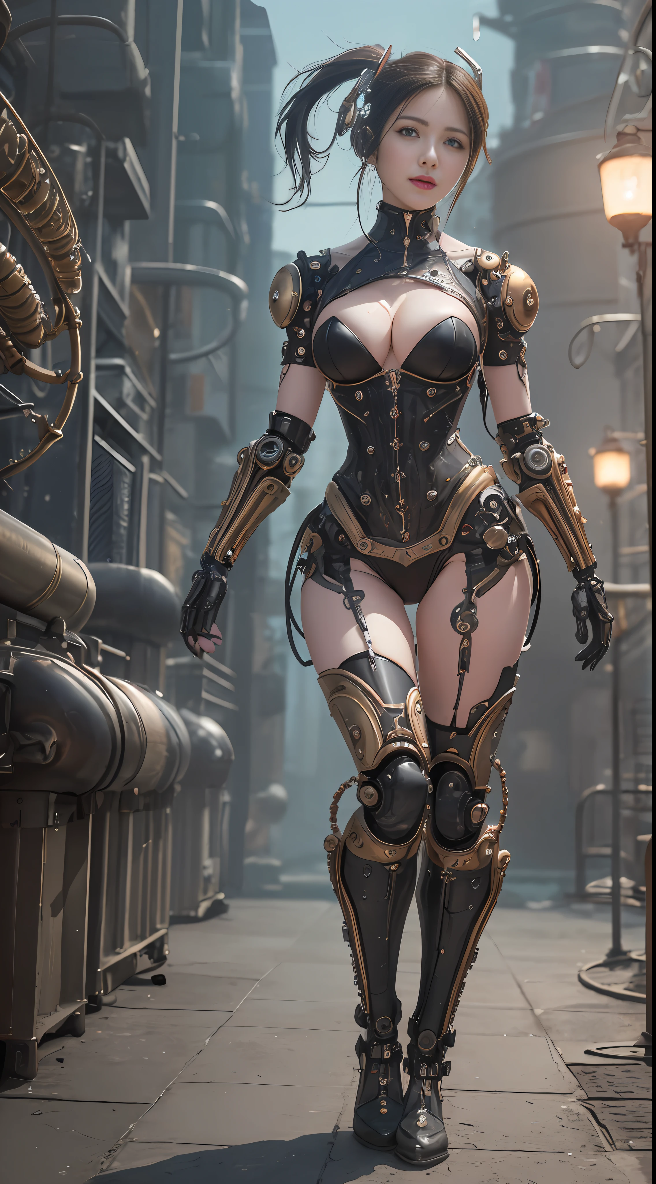 Cute young biomechanical steampunk cyborg woman realistic movie shallow focus scene, Her full-body steampunk details are、Stands in fluid motion in a simple barren place with stunning cloud landscape and sunset、Hydraulic cylinder、meter、pipes、LED lamps、gear wheel、
The cleavage is visible、
(wearing futuristic clothing (tangerine:0.3) Her intricate and detailed anatomically sculpted biomechanical graphite steampunk body, (Biomechanical graphite steampunk cyborg grady sculpted in intricately detailed anatomically goth loli details).Futuristic headset、

(Anatomically sculpted biomechanical graphite steampunk cyborg、More on the elegant and glamorous goth loli、cables, Wires and microchips are、Skillfully on her female cyborg body)

Slender hot fit body with a gorgeous young round face, expressive big round eyes, 

Captured with bright natural light and beautiful vibrant colors. Stunning steampunk-style 8K resolution images.

The scene has a strong heroic unconquerable mood, a masterful complete scene of the female full body standing with a happy expression.