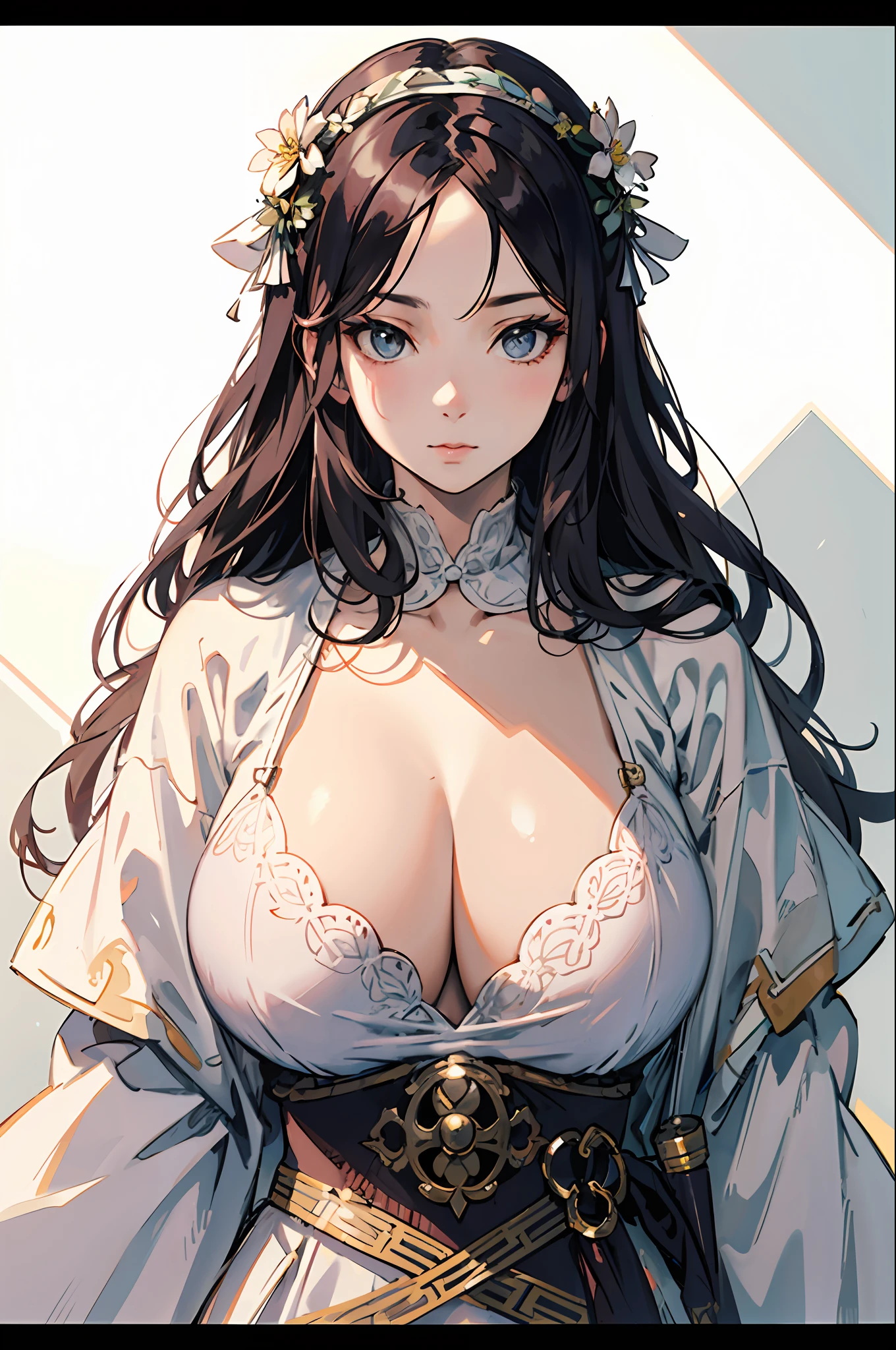 face portrait of a European female , with long coiled hair,鎖骨,Bigboobs,huge tit,cleavage,white colors, Floral frame, Decorative panels, abstracted,waistup,Hanfu,
photorealestic,Artistically,An Alphonse Mucha's
(tmasterpiece,best qualtiy,A high resolution:1.4),the detail,complexdetails,4K,colored splashing,line art,Fibonacci,