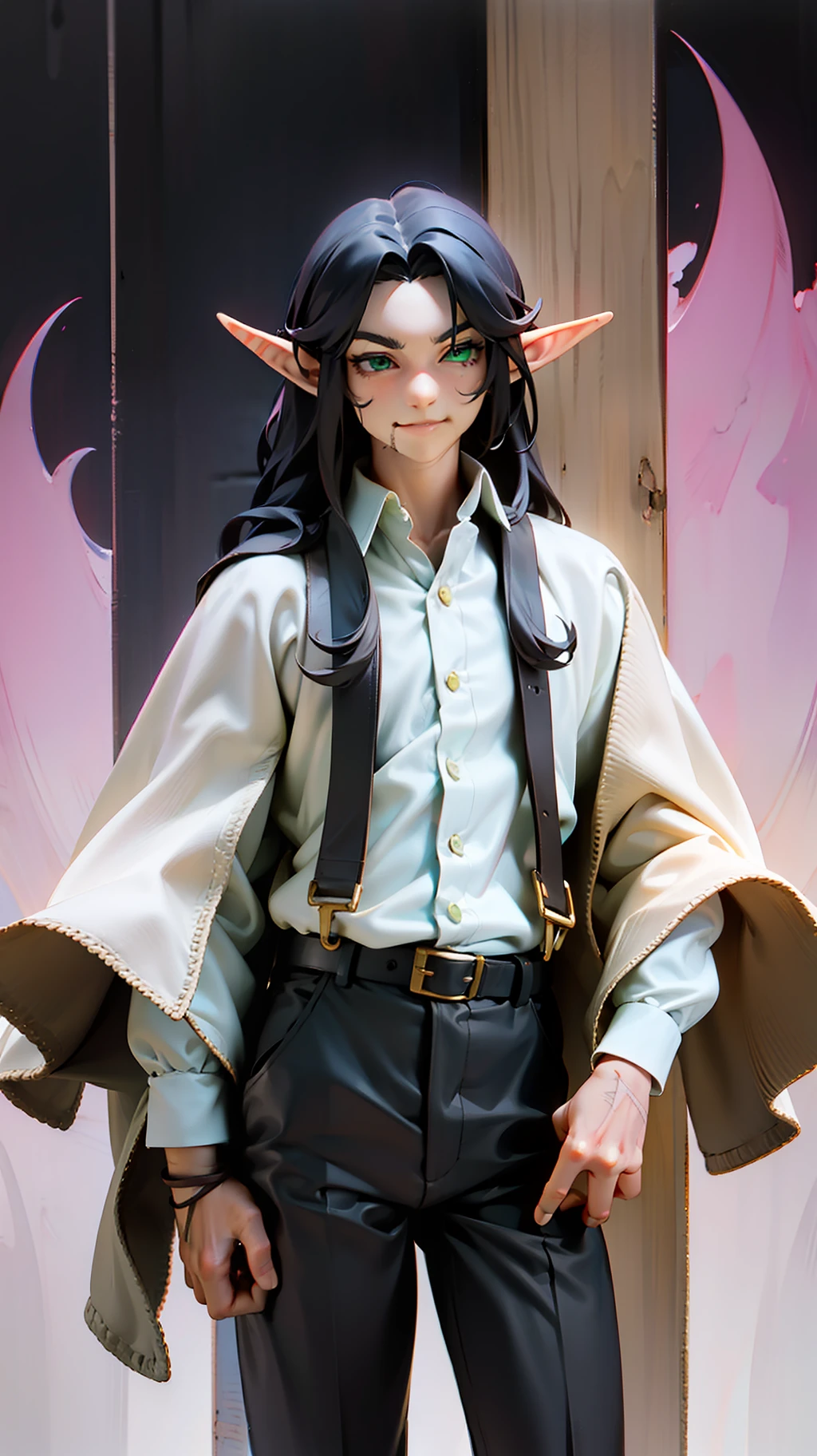 man elf, 1man, in full height, masculine face, attractive, masterpiece, Green eyes, black long hair, black hair, Hair flutters,White Skin, pale skin, elf ears, white shirt, Wide brown strap, black light cape, The top buttons are unbuttoned, wide sleeves, Scars on the face, scars, looking forward, Toothy smile, The hand is pulled aside, The other hand is placed on the railing, black pants, the night, ladder, woods, railing