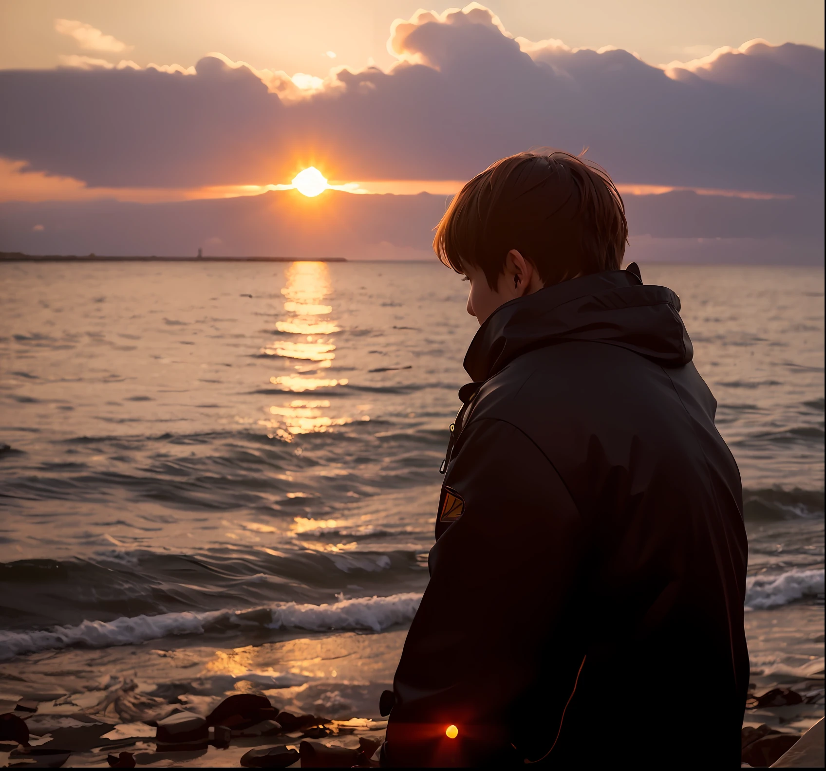 There was a man standing on the beach looking at the sea, With sunset, Notan Sun in the background, standing at the beach, Have by the sea, standing on the sea side, looking at the ocean, with a sunset, the ocean in the background, the ocean in the background, watching the sunset, with the sun shining on it, sun behind him, tmasterpiece