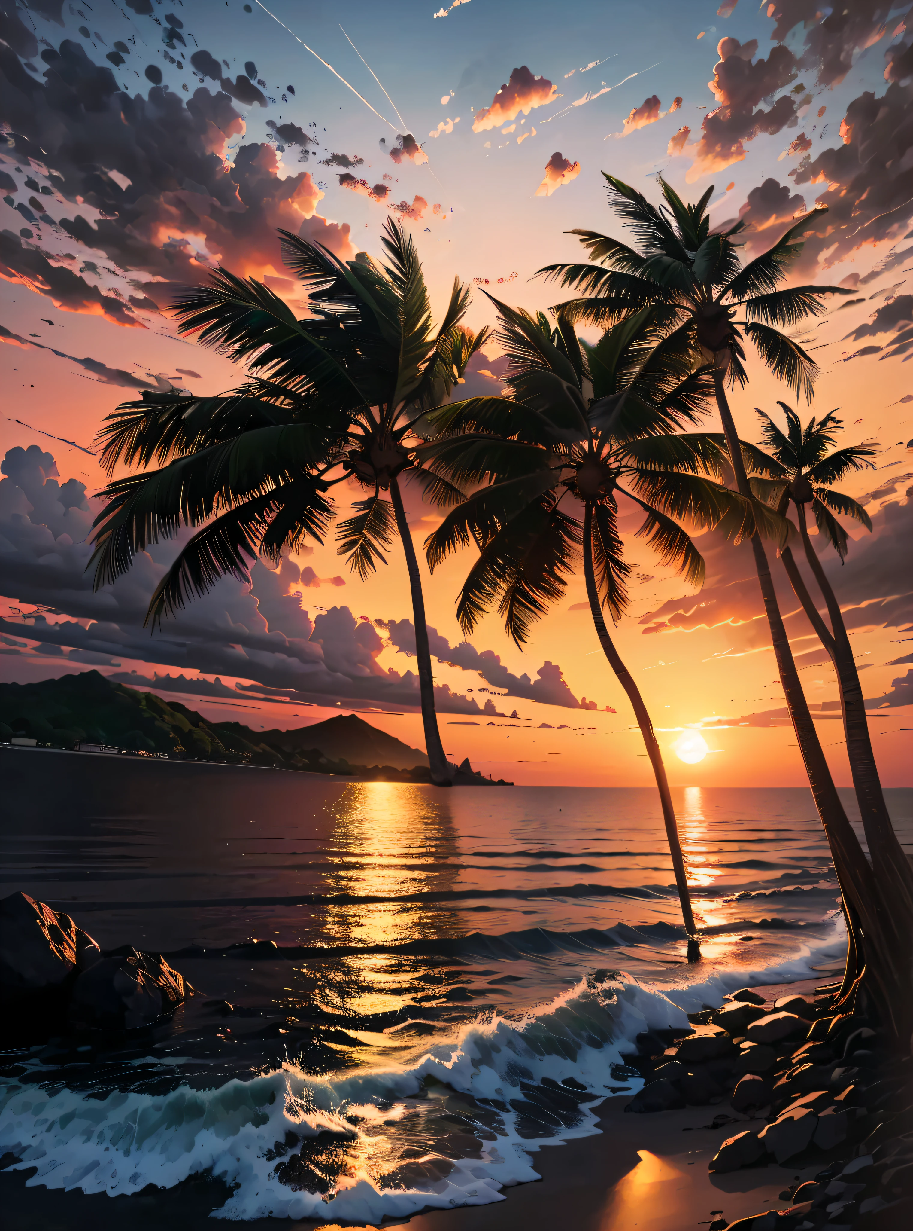 (late sunset+Beach view+warm light+Name of the attraction:bali+palmeiras(James Gurney)+raw natural beauty:1.2),(Detail portrayal+The level of fineness that people can touch),(Fine drawing+author：David Matte)，(Beautiful sunset+View of the beach at sunset) --auto