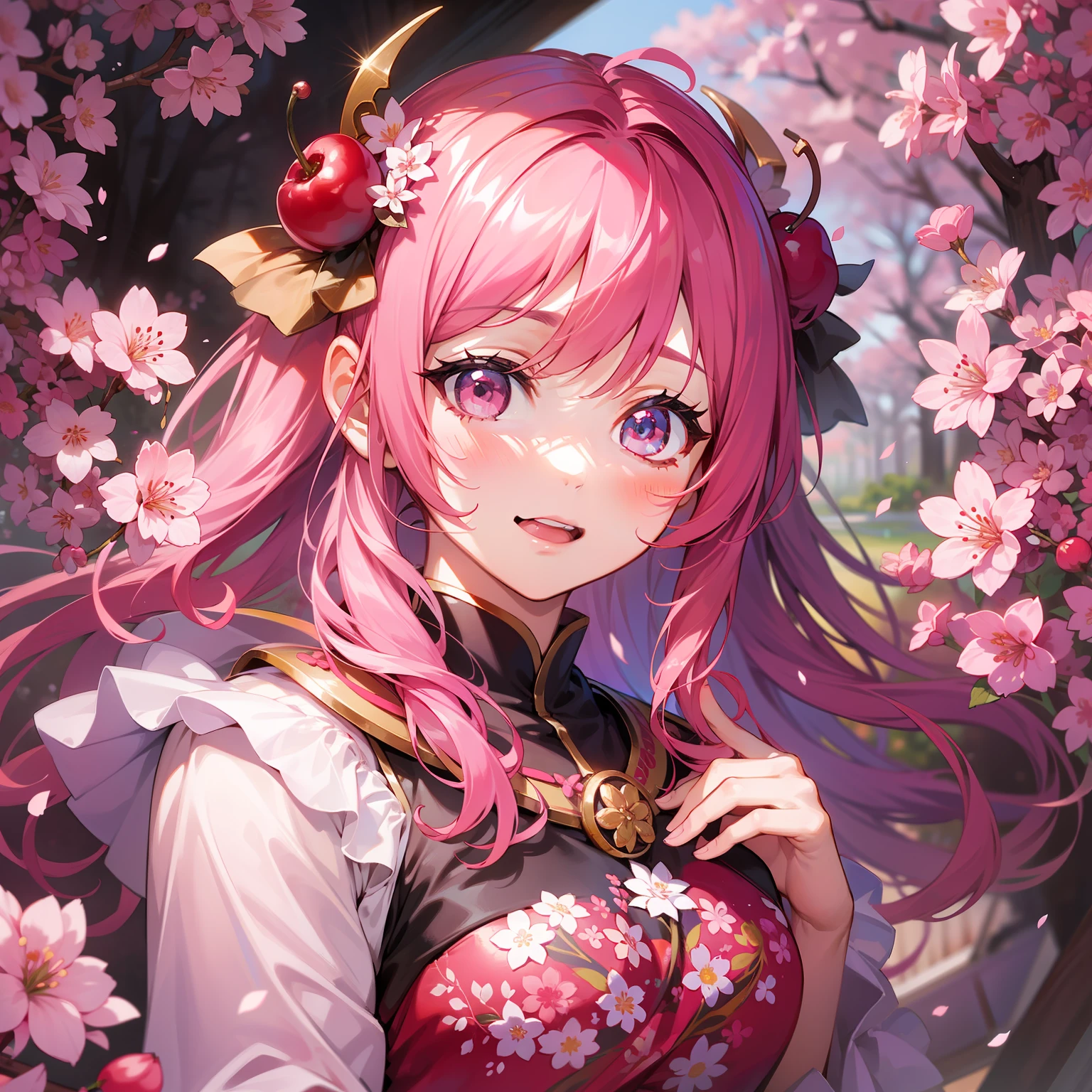 A girl，hair tied up in a pony tail，A pink-haired，Wearing a Chinese cheongsam，black, Pink and white，murderess，back to look back，With a fan in his hand，The fan is white，The fan has a cherry blossom pattern on it，Two-dimensional models，Stand in the middle of the cherry blossom forest，sakura flowers falling，The road is full of falling cherry blossoms，the night，the night，the night，Wear black five-fingered gloves，Take a fan