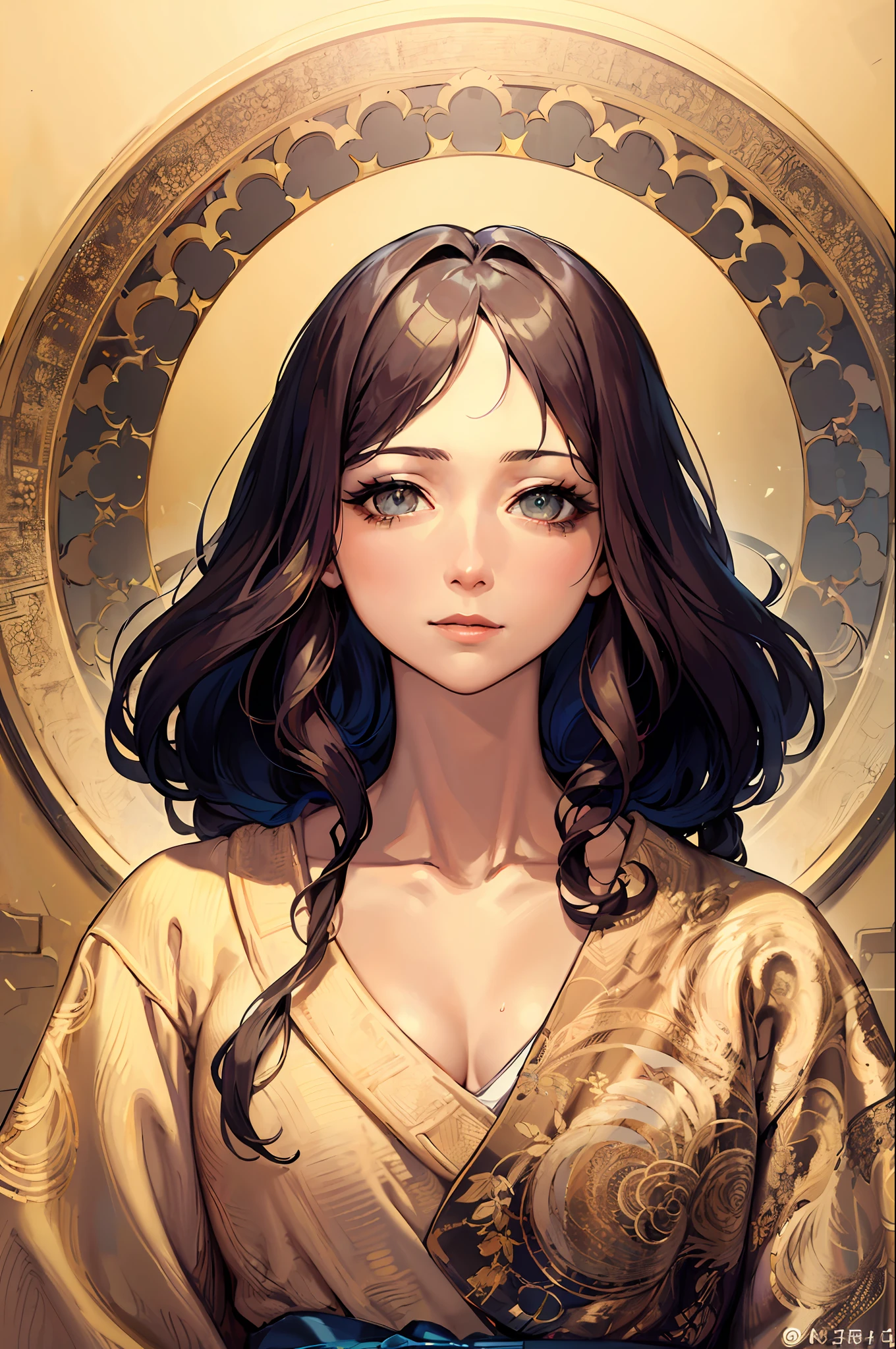 Portrait of the face of a European woman , long curly hair, collarbone, white, floral frame, decorative panel, abstract, waist, hanfu,
Realism, art, Alphonse Mucha
(Masterpiece, Best Quality, High Resolution: 1.4), Detail, Intricate Detail, 4K, Color Splash, Line Art, Fibonacci,