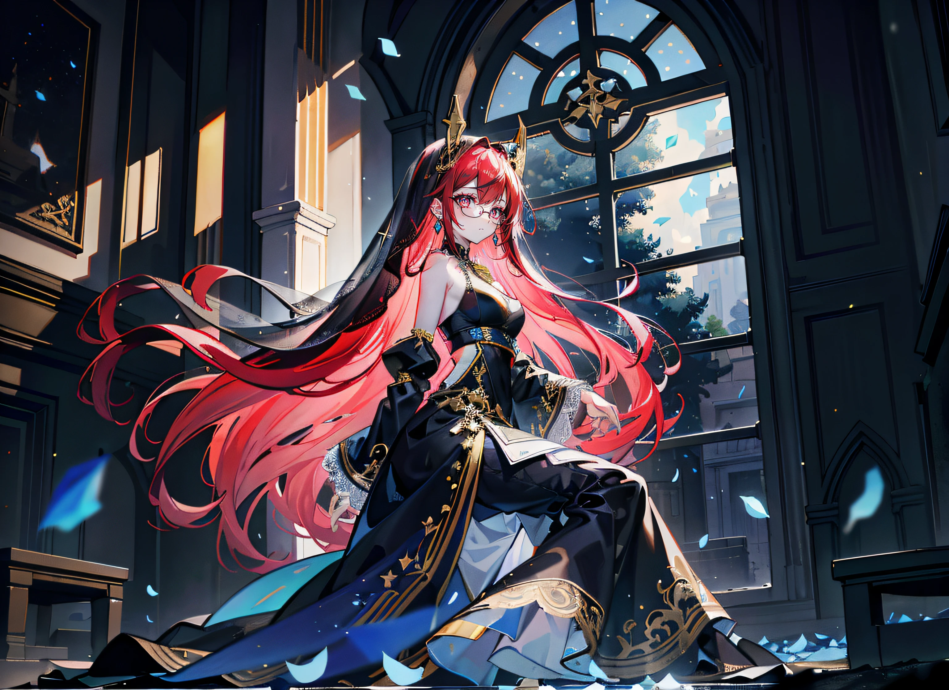 Red hair,Close one eye,over-rim eyewear, Plain white headband, x-shaped pupils, eyes reflection,Glowing pupils,Crimson pupils,Gemstone lustrous pupils,Blue pupil, Diamond-shaped pupils,Gold gemstone earrings, Without expression,Frigidity,lose,half closed eye,cute little,