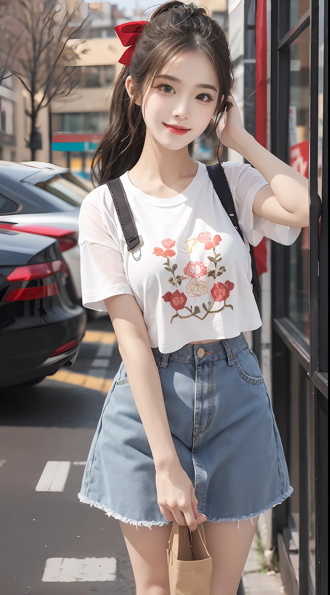 (RAW photogr:1.2), (Photorealistic:1.4), 1girll, 18 years old,adolable,a baby face,The most beautiful girl,Goose egg face,Oval face,Fleshy on the face,Good facial features,Sweet smiling,The smile and the eyes are charming and attractive,Beautiful Meticulous Girl, very detailed eyes and faces, Beautiful detailed eyes, ultra - detailed, A high resolution, The is very detailed,best qualtiy,tmasterpiece,illustratio,The is very detailed,CG,unified,8K wallpapers,finely detailled,tmasterpiece,best qualtiy, Wallpapers,light in face,Movie lighting,nipple tops:White short-sleeved embroidered lace T-shirt,Breathable and lightweight,Add feminine femininity。
Manteau:Light yellow wide-leg cropped blazer,Finished with front buttons,Show youthful vitality。
skirt suit:Dark blue denim A-line skirt,Moderate length,Finished with a pleated design,Showcases vintage charm。
shoe:White flat canvas shoes,Comfortable and versatile,Add a sense of leisure。
Accessories:Brown woven vintage tote,Wear it with a red bow headband,Overall fresh and vintage。,(No leakage),with a well-proportioned body,(looking to the camera),Black ponytail,hair flowing,(Slightly fat1.6),perfect body figure,Standing position,Medium view,The background is a beautiful view of random different scenes。